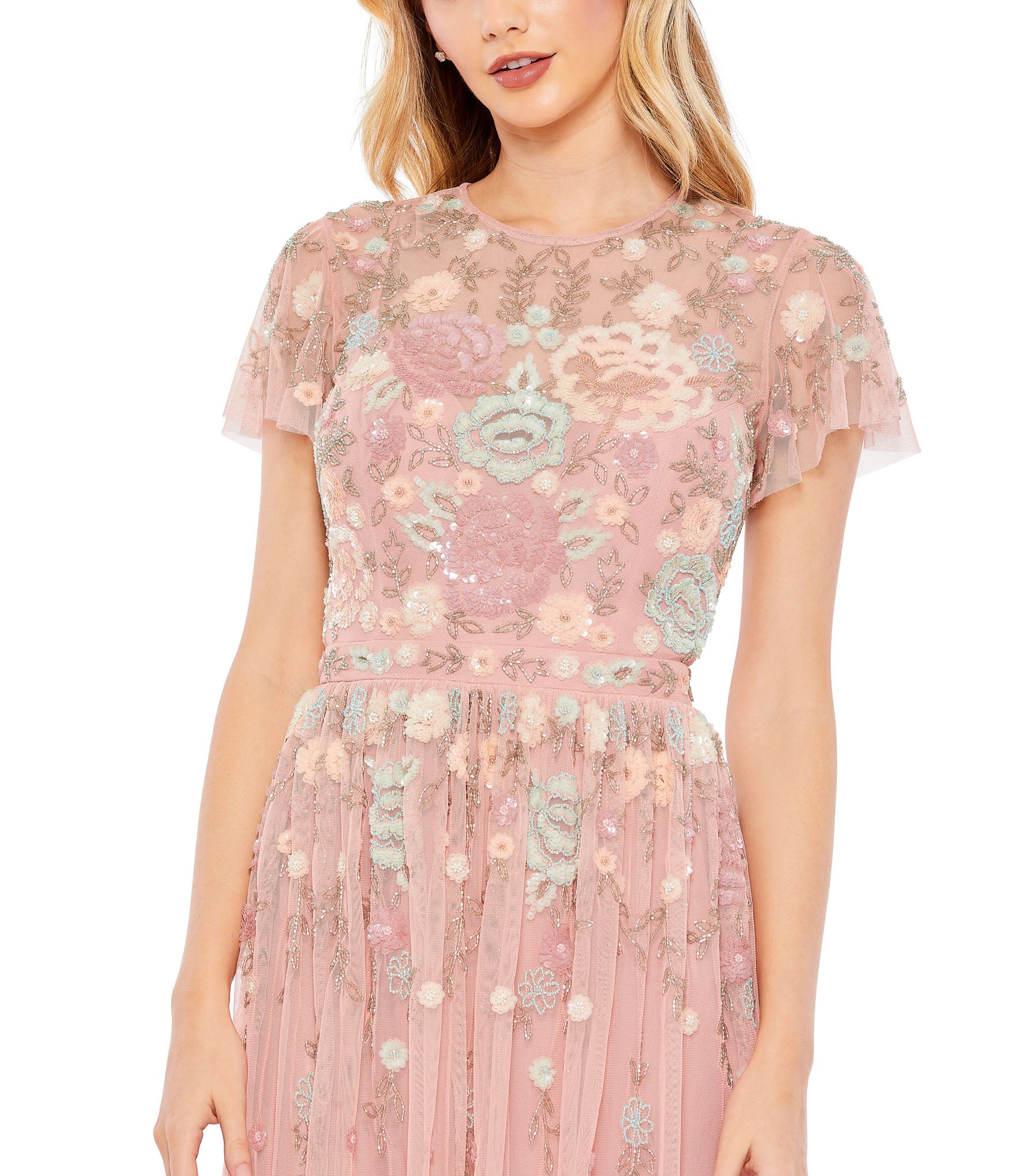 Embellished Illusion High Neck Butterfly Sleeve Midi Dress