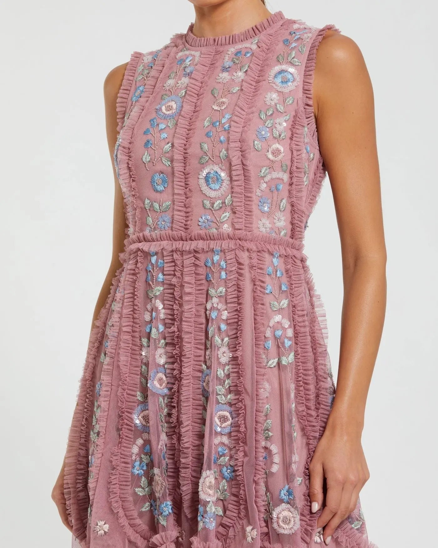 Pink Sleeveless High Neck Embroidered Mini Dress - Mac Duggal