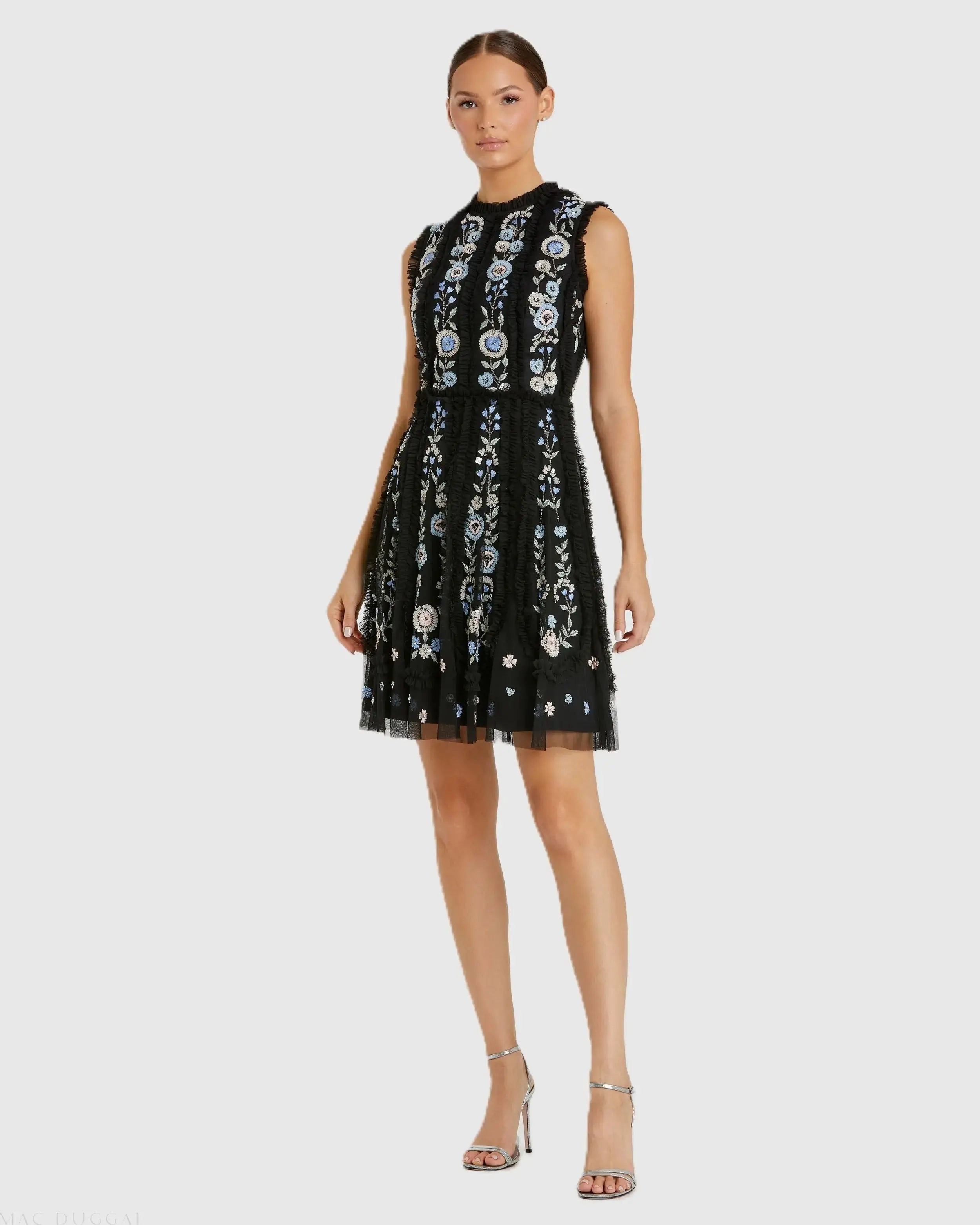 Black Sleeveless High Neck Embroidered Mini Dress - Mac Duggal