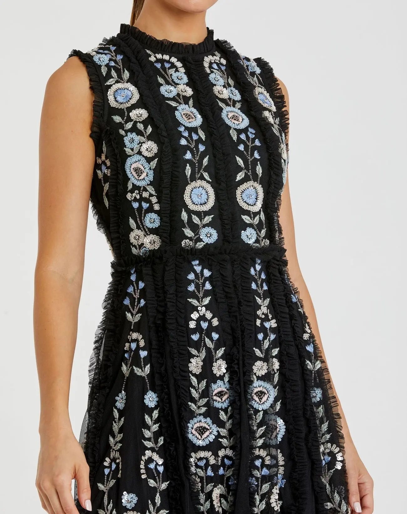 Black Long Sleeve Mini Dress With Floral Embroidery Black Long Sleeve Mini Dress With Floral Embroidery