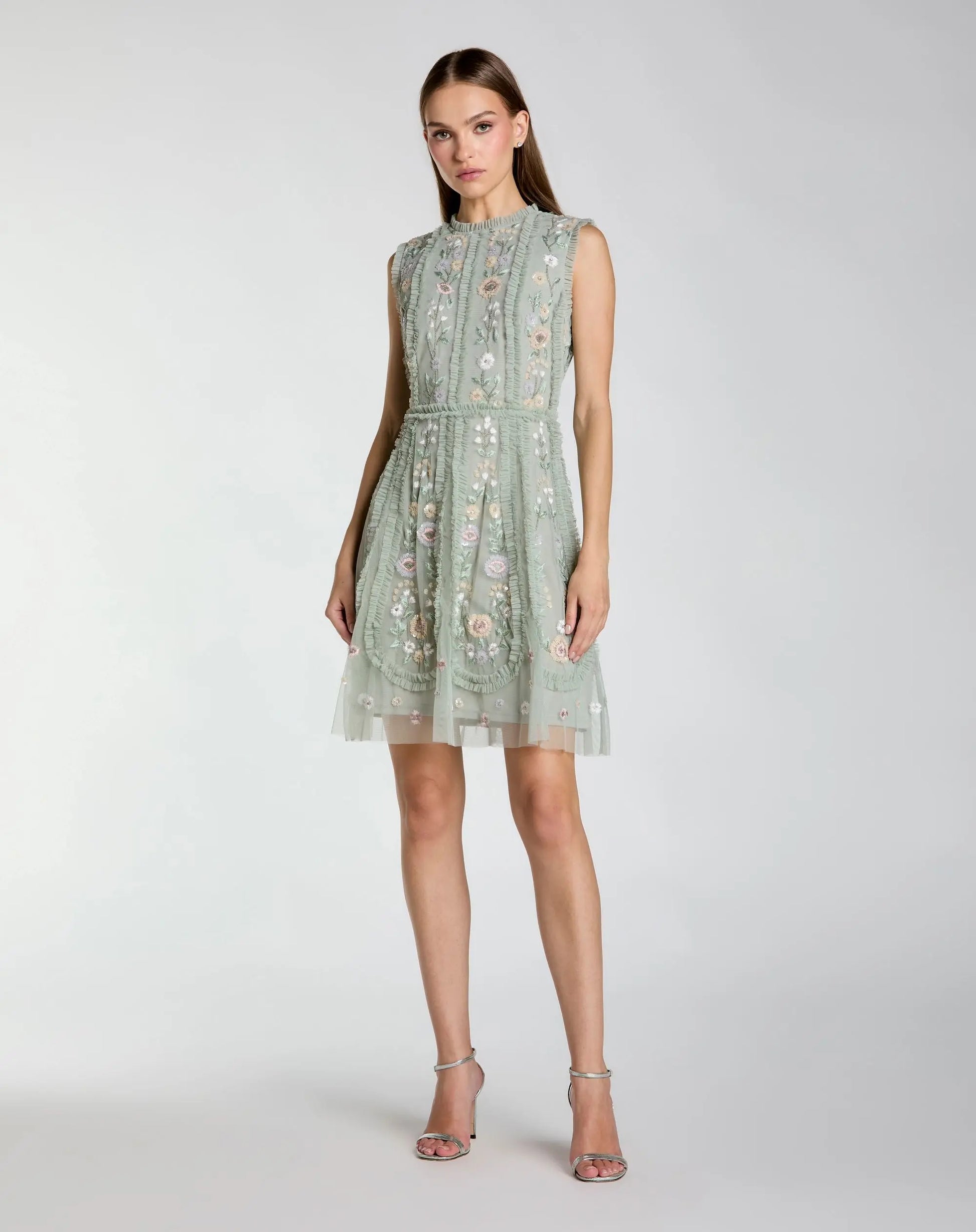 Green Sleeveless High Neck Embroidered Mini Dress Mac Duggal