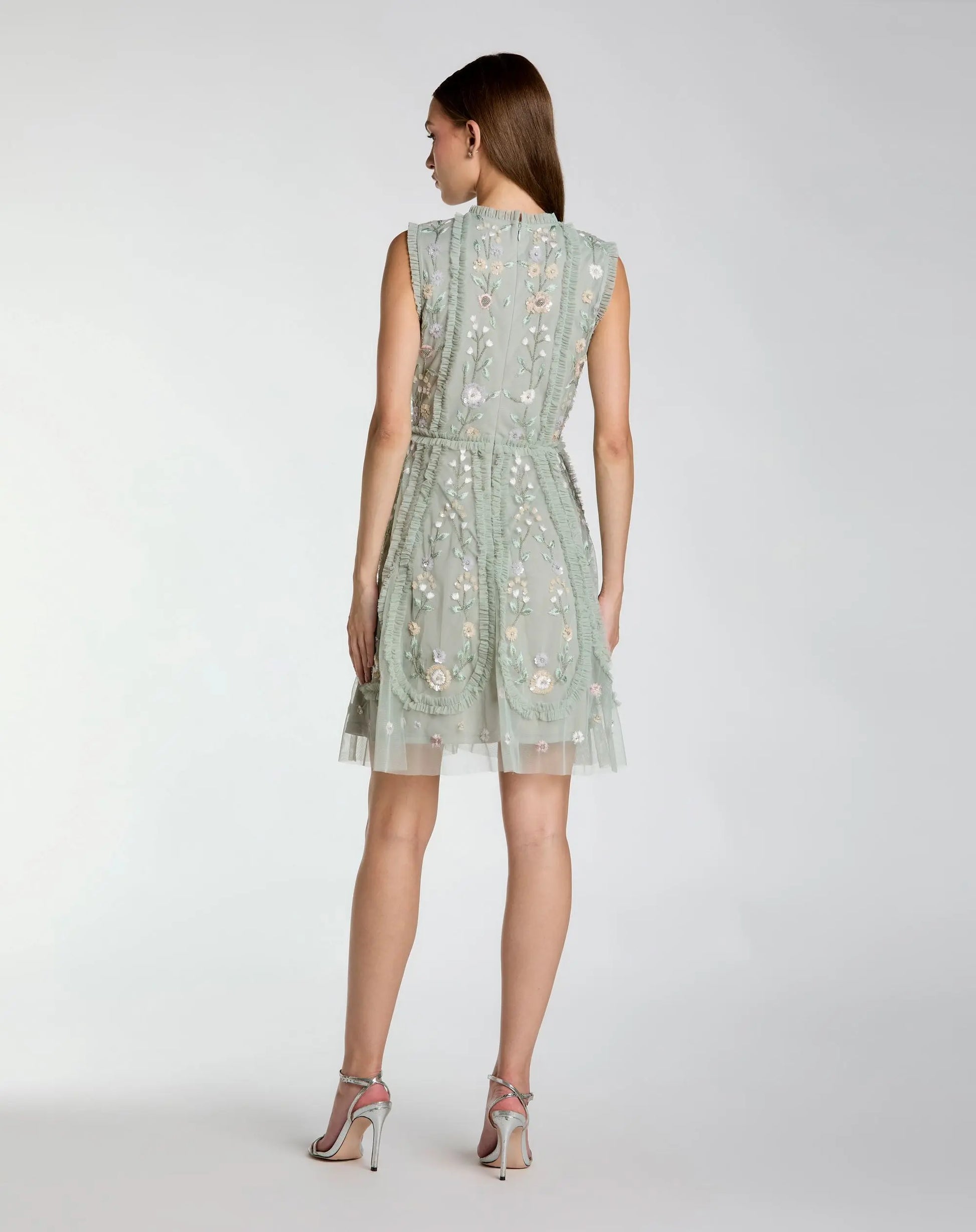Green Sleeveless High Neck Embroidered Mini Dress | Mac Duggal Green Sleeveless High Neck Embroidered Mini Dress | Mac Duggal