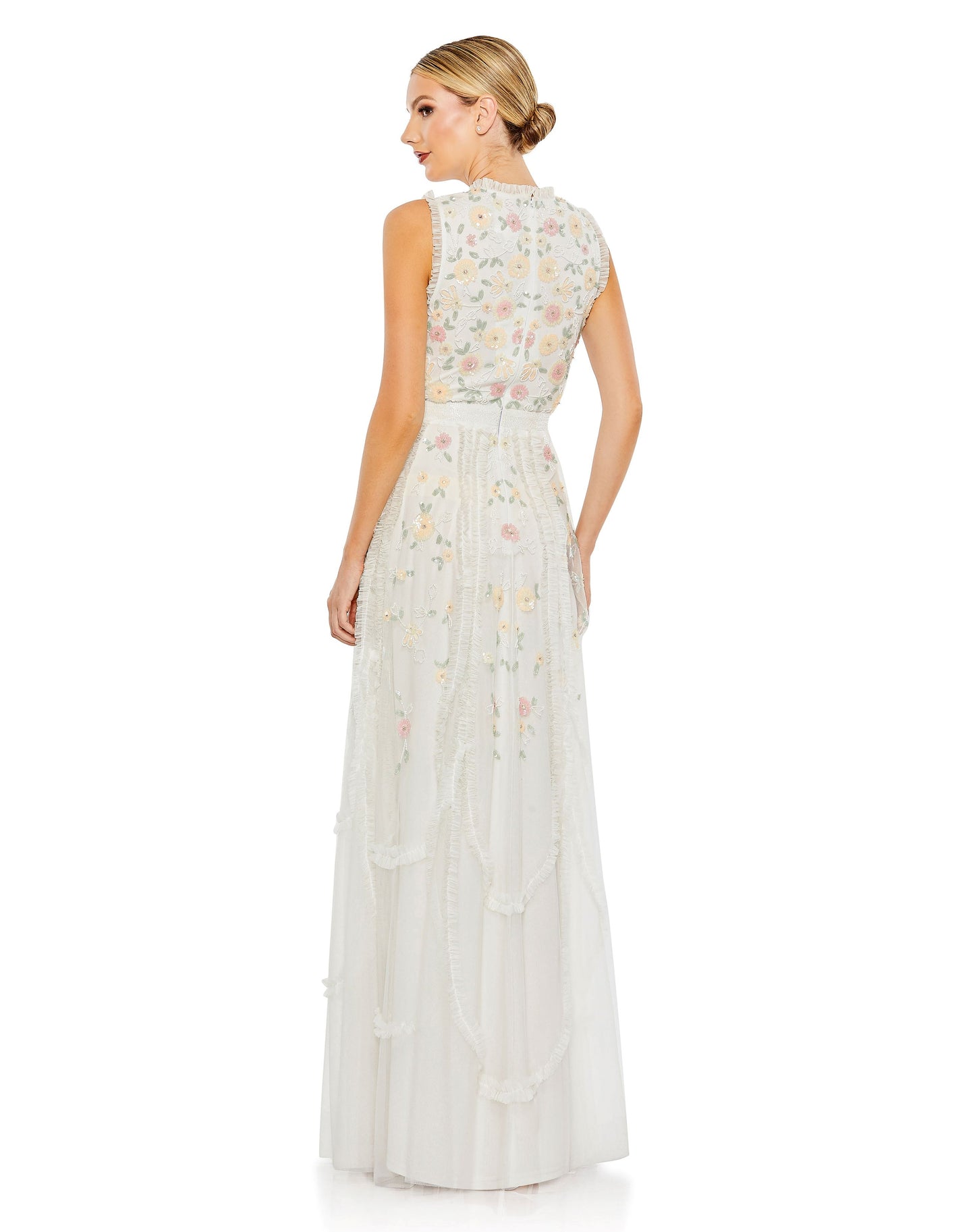 Ivory Embroidered High Neck Sleeveless Ruffled Gown - FINAL SALE