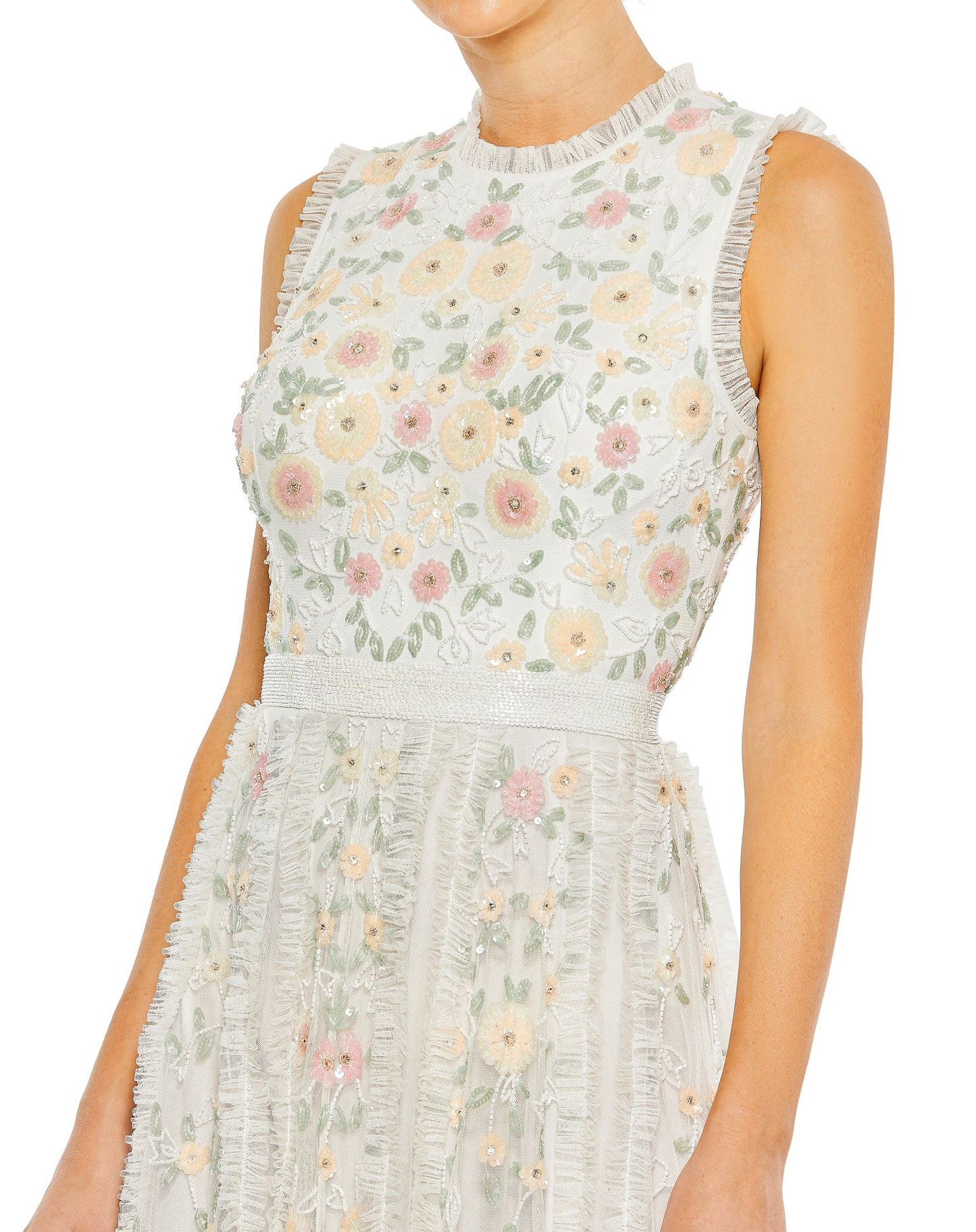 Ivory Embroidered High Neck Sleeveless Ruffled Gown - FINAL SALE