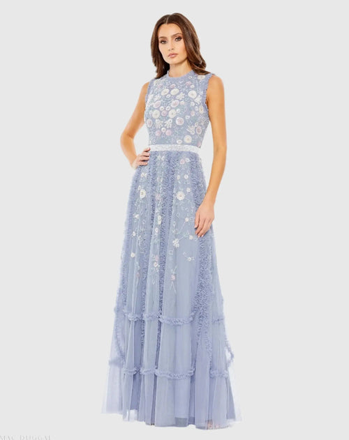 Blue Embroidered High Neck Sleeveless Ruffled Gown - Mac Duggal