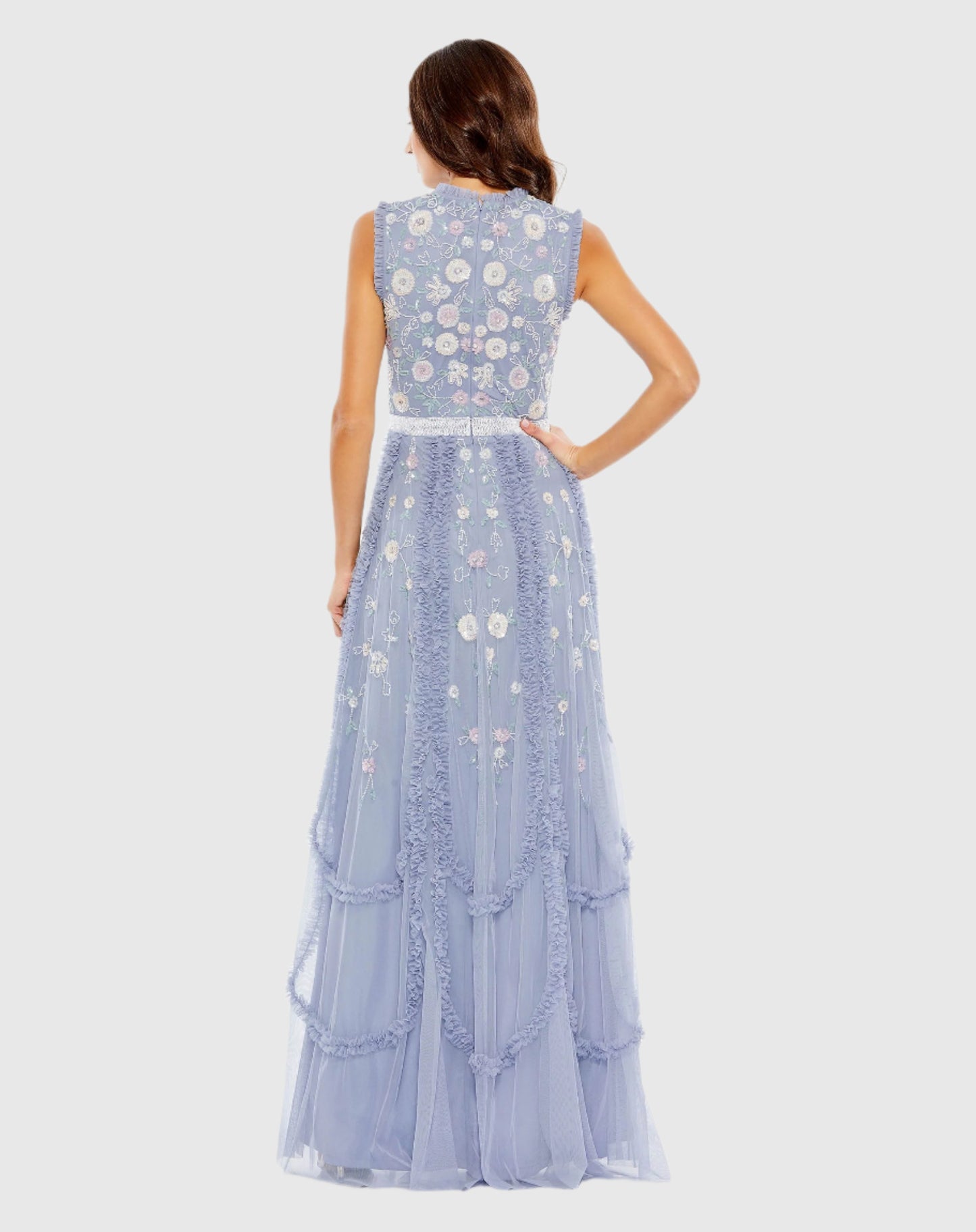 Blue Embroidered High Neck Sleeveless Ruffled Gown