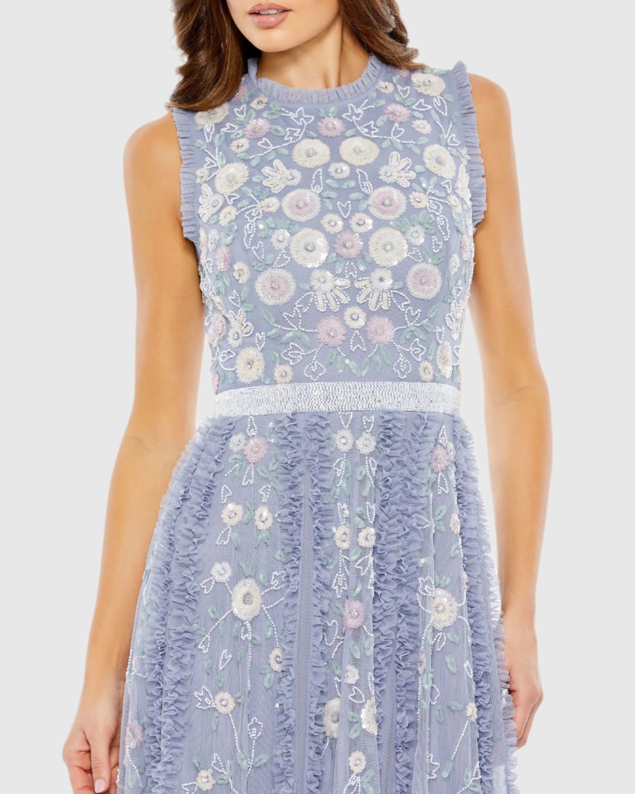 Blue Embroidered High Neck Sleeveless Ruffled Gown