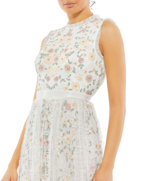 Embroidered High Neck Sleeveless Ruffled Gown- FINAL SALE