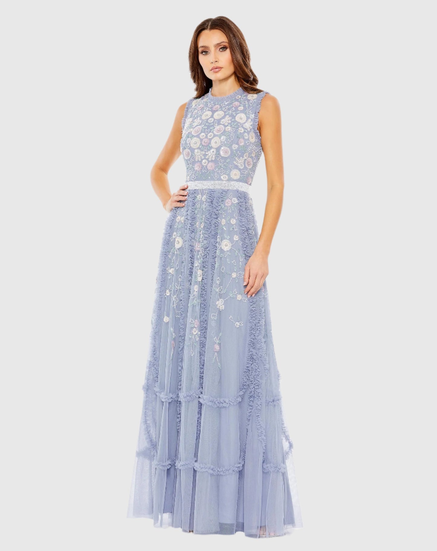 Embroidered High Neck Sleeveless Ruffled Gown