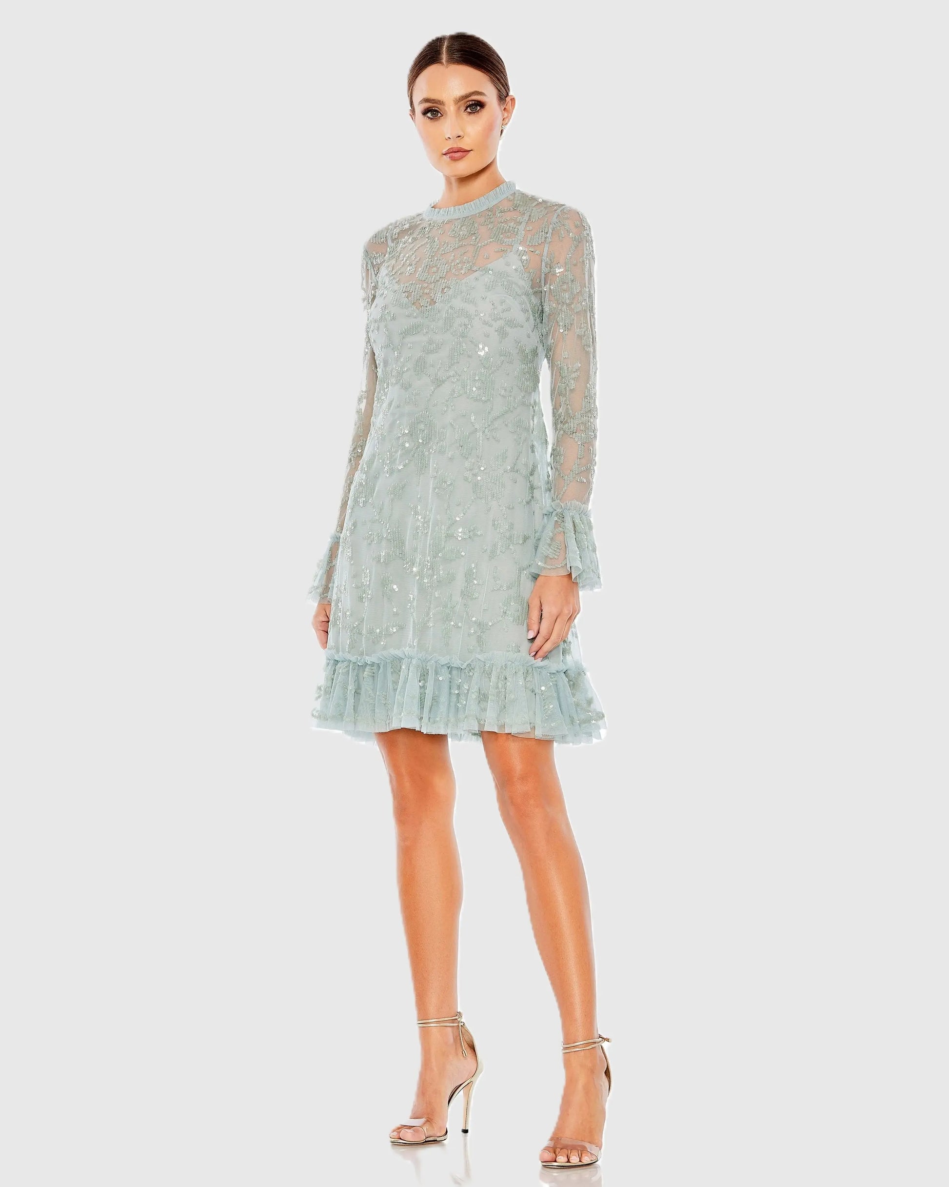 Blue Sequin Long Sleeve Mini Dress Mac Duggal