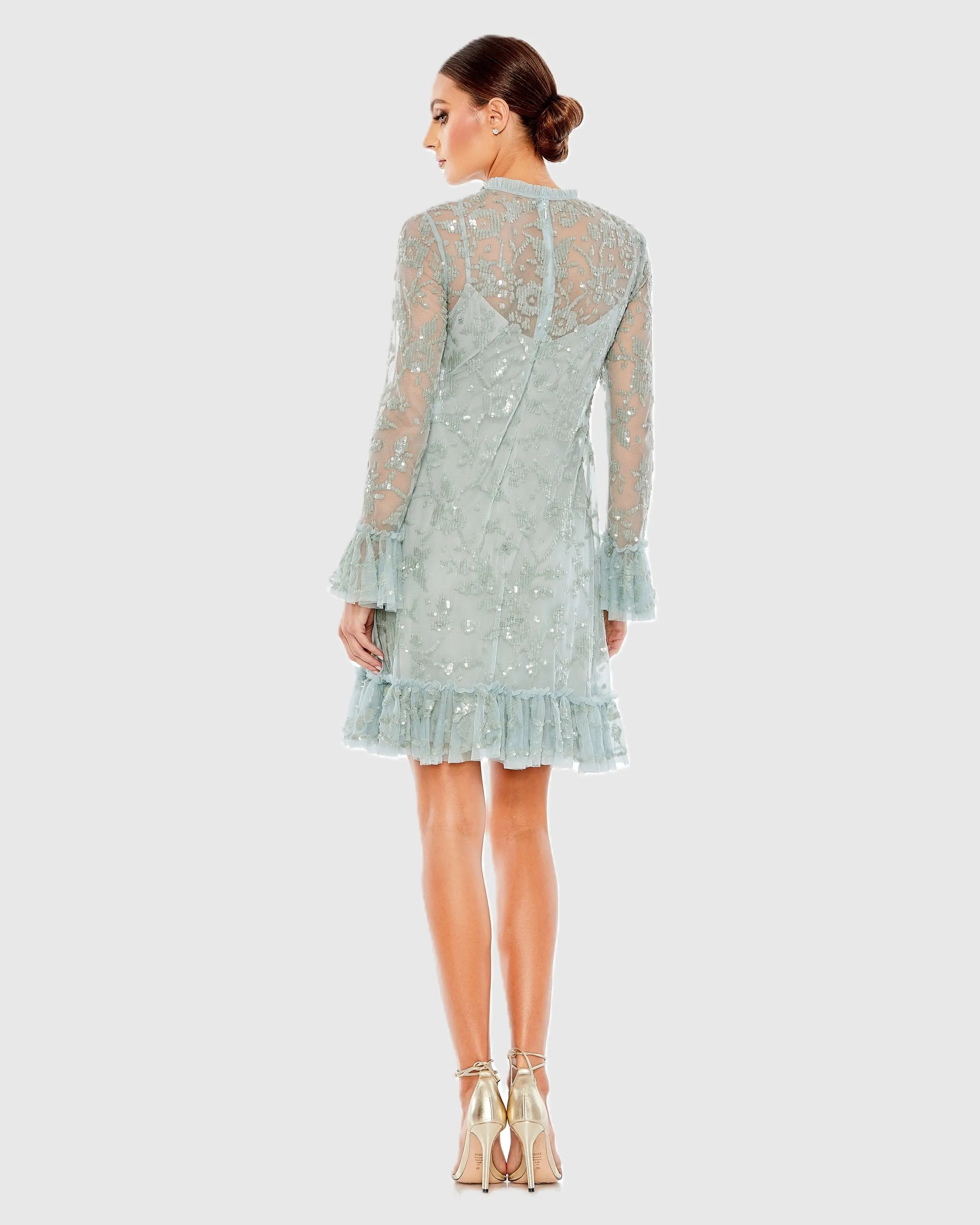 Blue Sequin Long Sleeve Mini Dress Mac Duggal