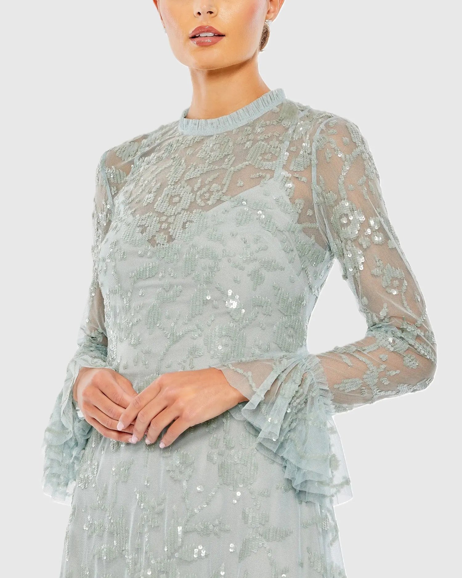 Mac Duggal - Blue Sequin Long Sleeve Mini Dress - Seafoam / US 2 Mac Duggal - Blue Sequin Long Sleeve Mini Dress - Seafoam / US 2