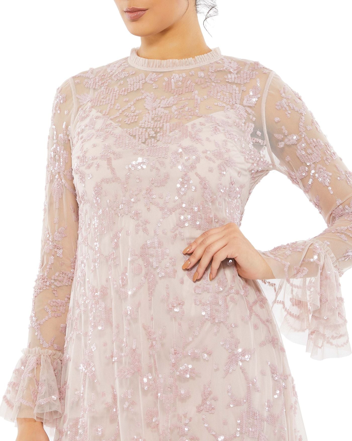 Sequined Ruffled Hem Illusion High Neck Long Sleeve Dress | Sample | Sz. 4