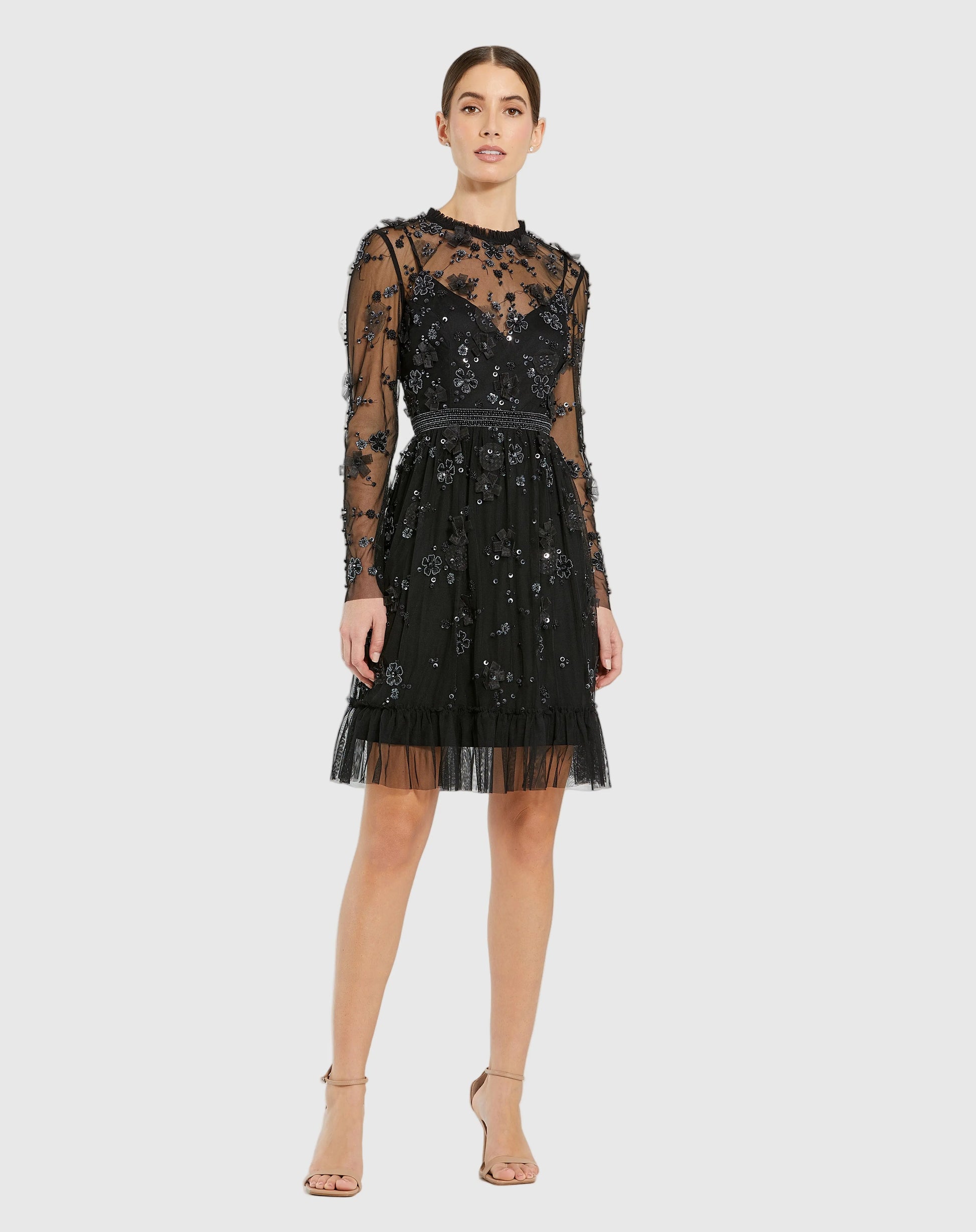 Mac Duggal - Black Sheer Long Sleeve Embellished Mini Dress - US 10 Mac Duggal - Black Sheer Long Sleeve Embellished Mini Dress - US 10