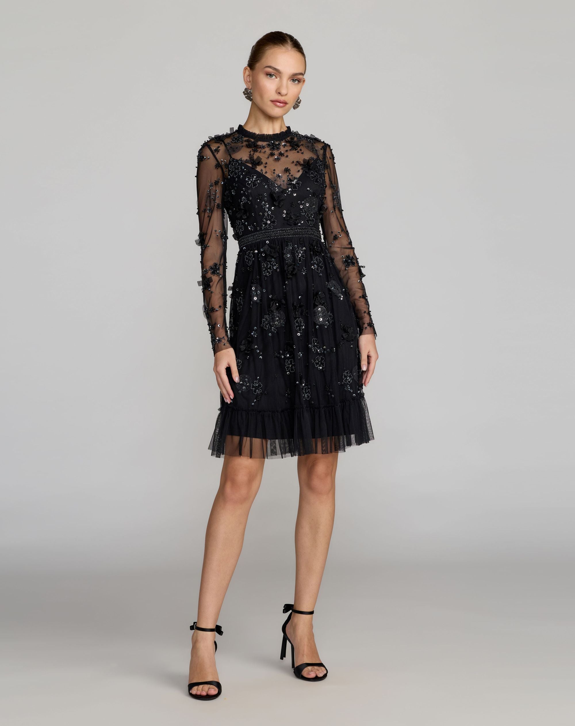 Black Sheer Long Sleeve Embellished Mini Dress Mac Duggal
