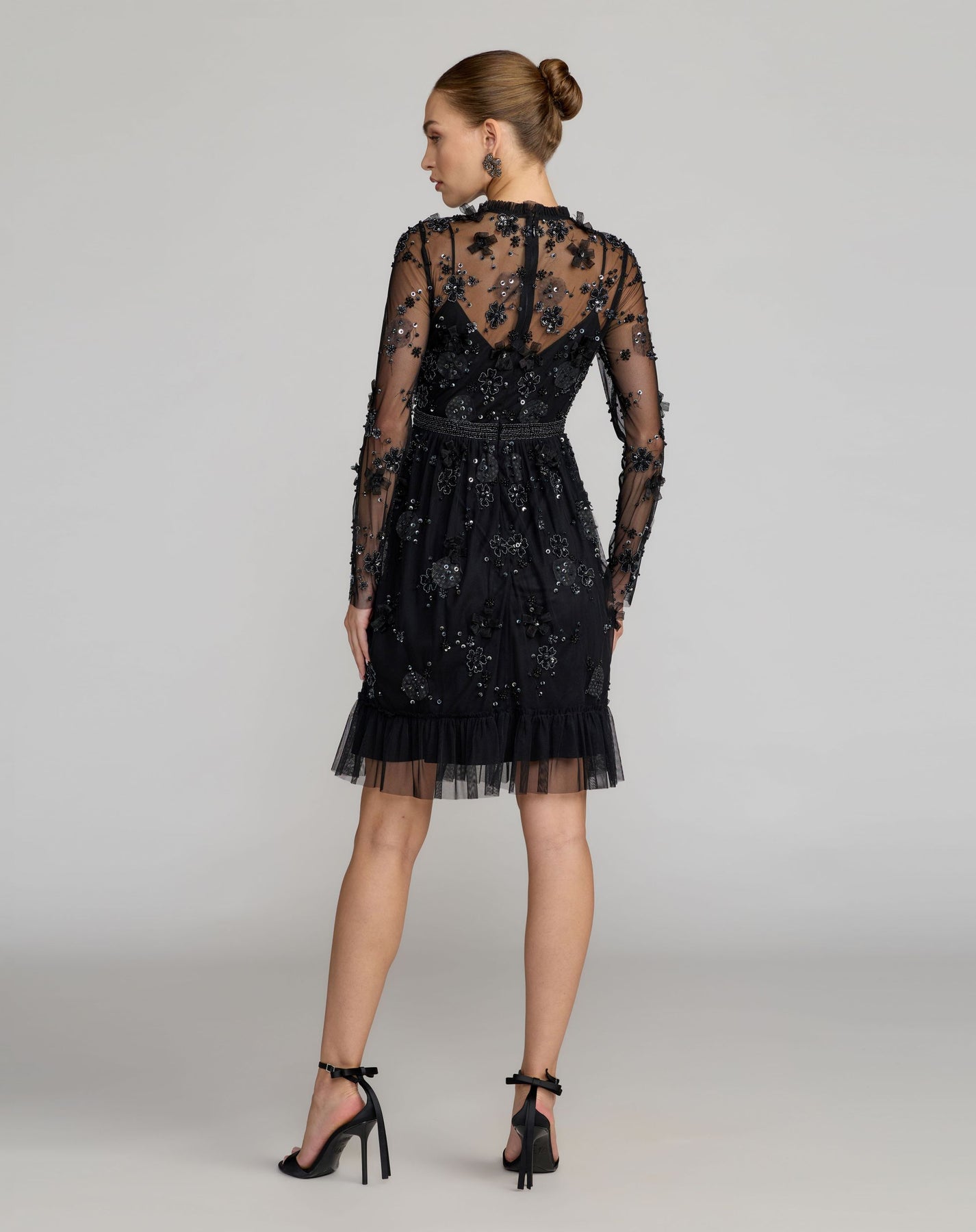 Black Sheer Long Sleeve Embellished Mini Dress