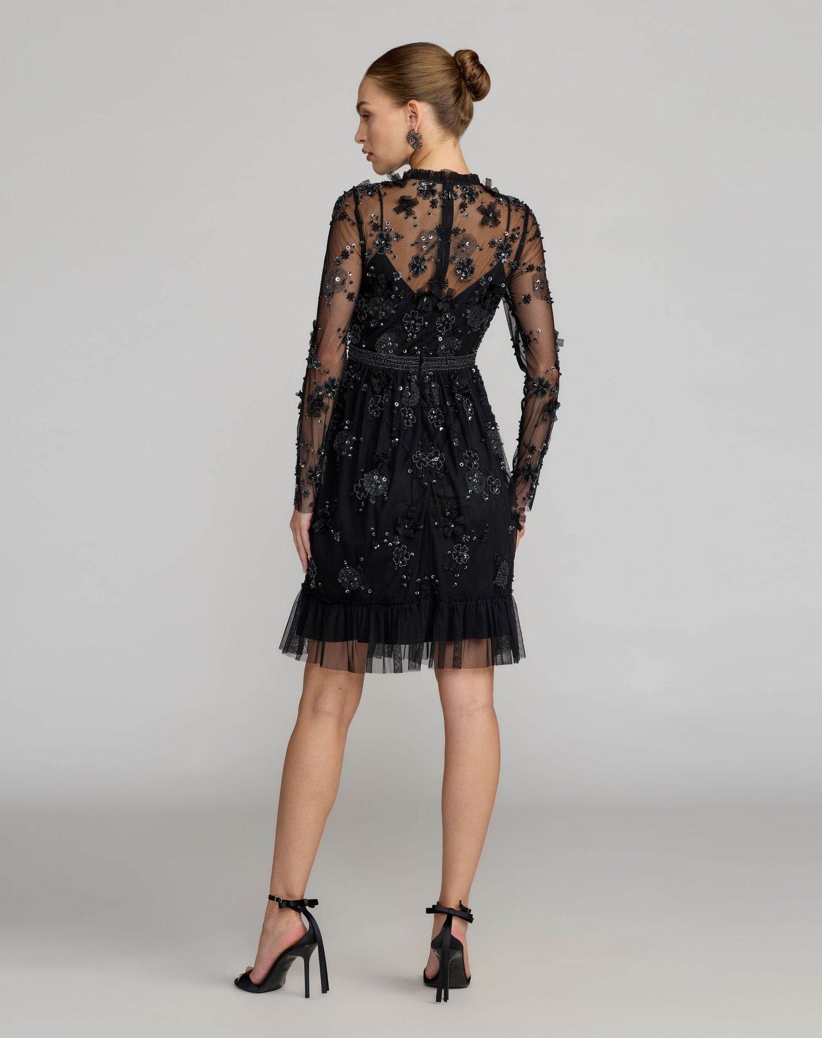 Black Sheer Long Sleeve Embellished Mini Dress