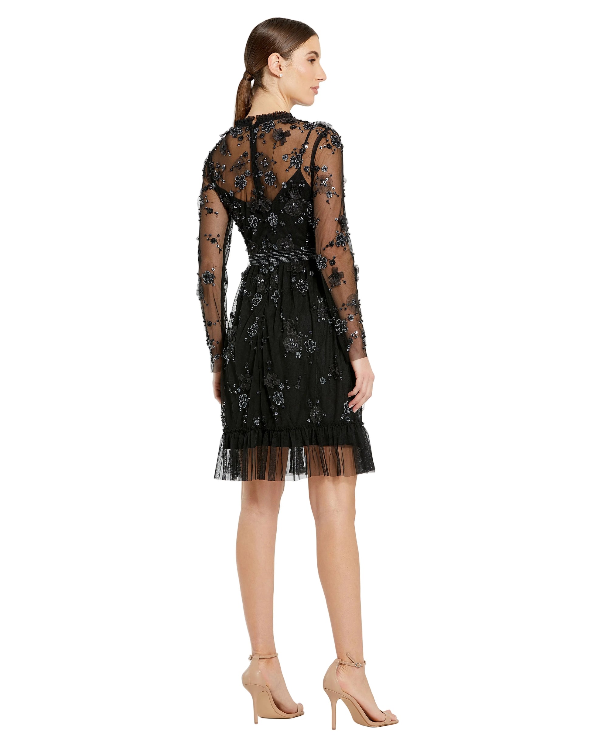 Mac Duggal - Black Sheer Long Sleeve Embellished Mini Dress - US 10 Mac Duggal - Black Sheer Long Sleeve Embellished Mini Dress - US 10