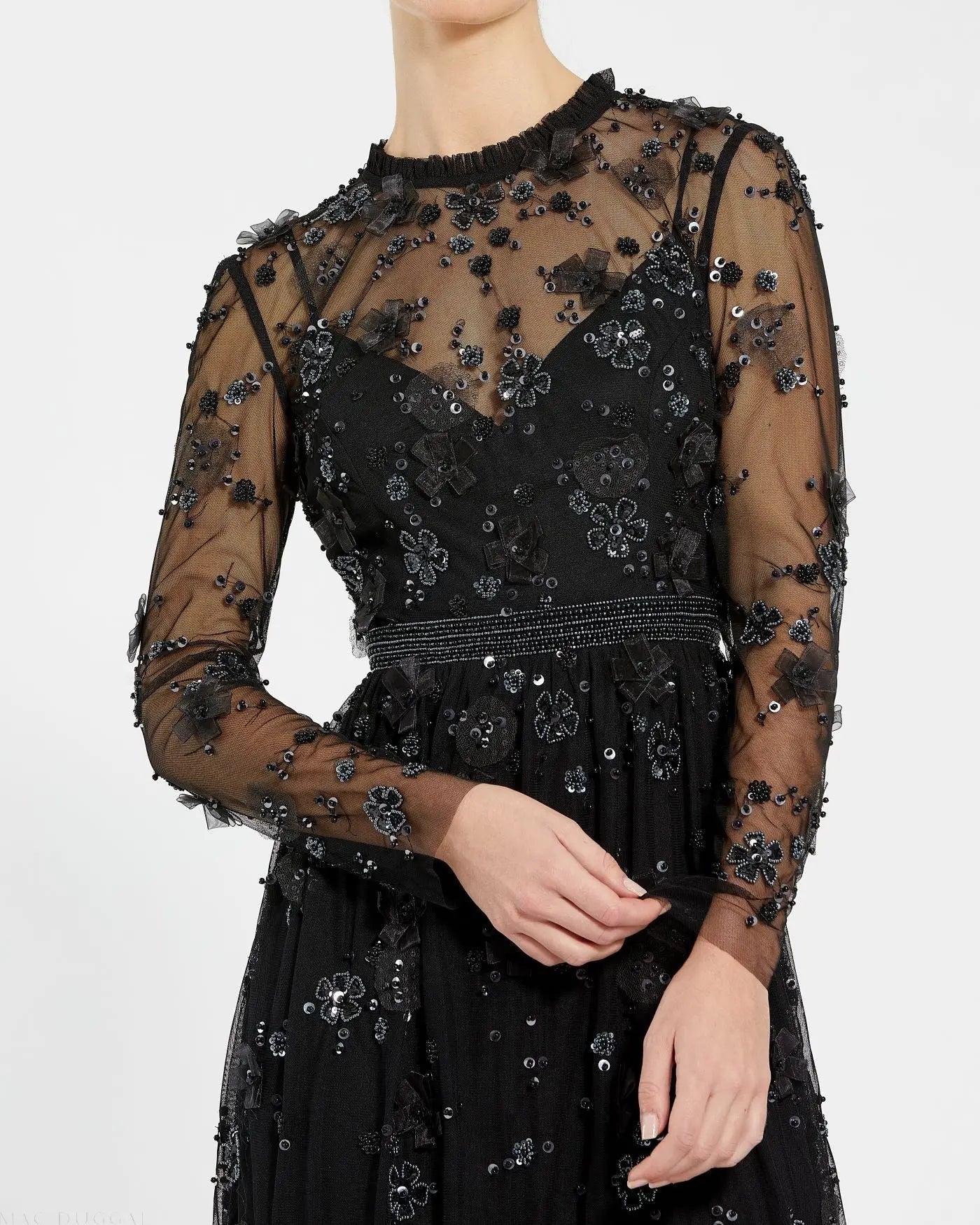 Black Sheer Long Sleeve Embellished Midi Dress - Mac Duggal
