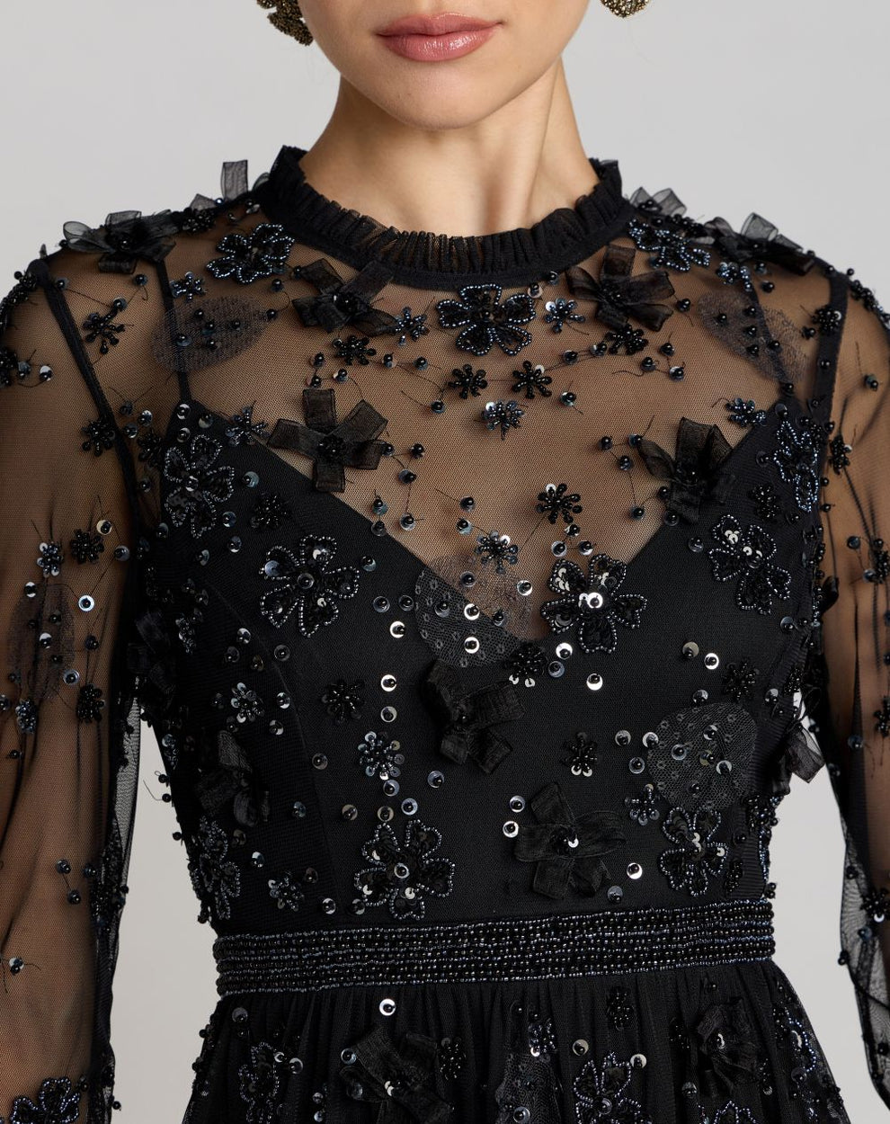 Black Sheer Long Sleeve Embellished Mini Dress