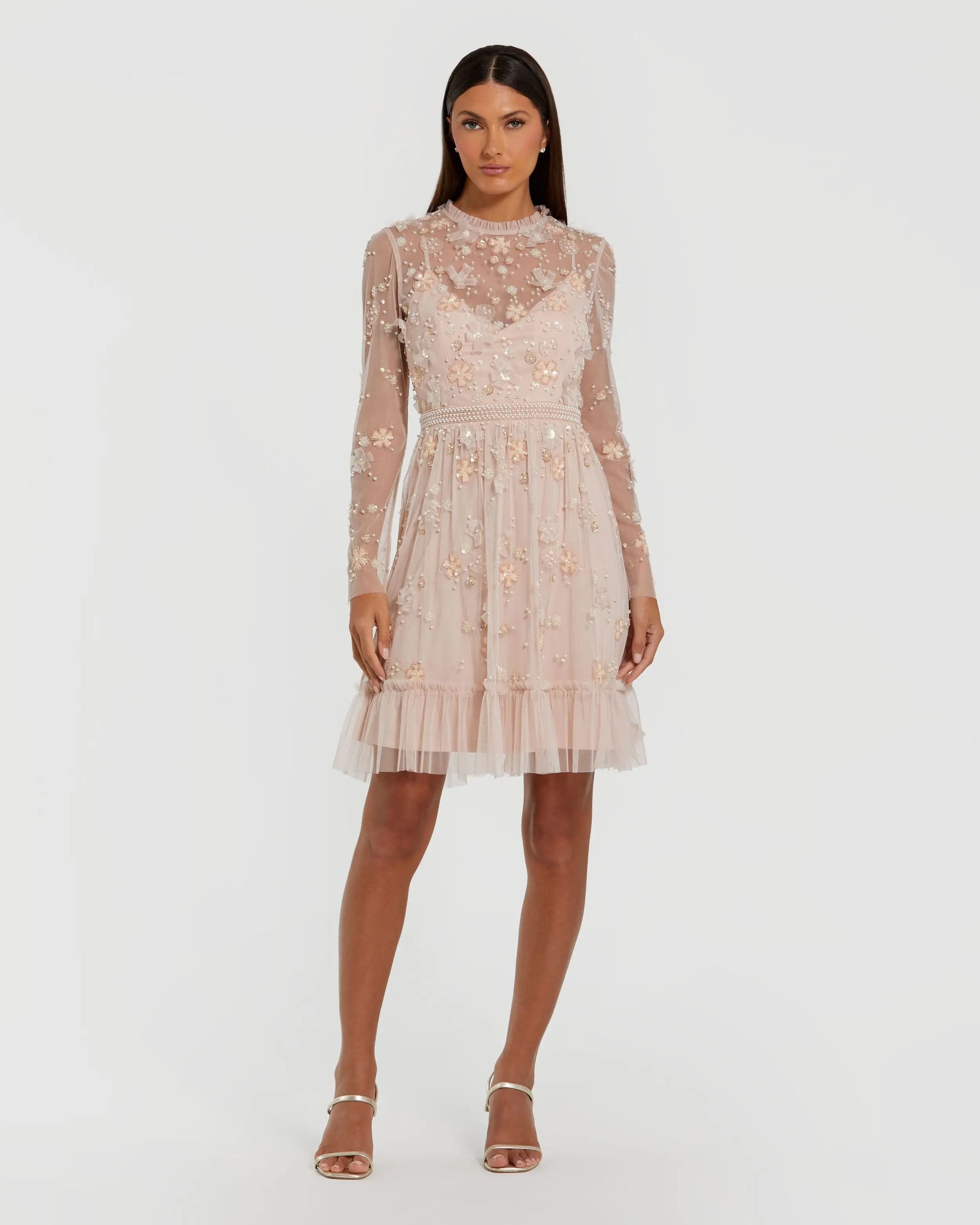 Light Pink Sheer Long Sleeve Embellished Mini Dress | Mac Duggal Light Pink Sheer Long Sleeve Embellished Mini Dress | Mac Duggal