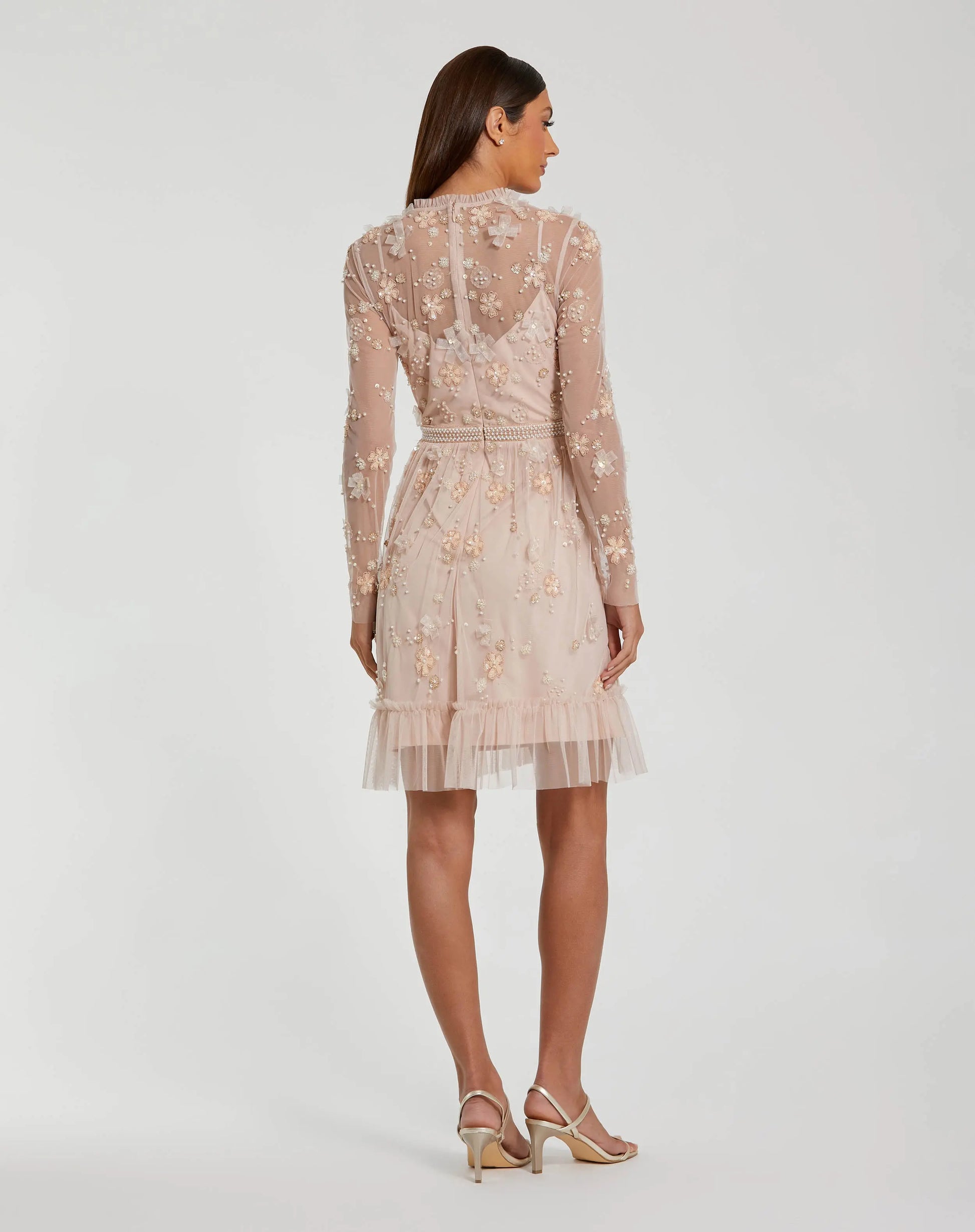 Light Pink Sheer Long Sleeve Embellished Mini Dress | Mac Duggal Light Pink Sheer Long Sleeve Embellished Mini Dress | Mac Duggal