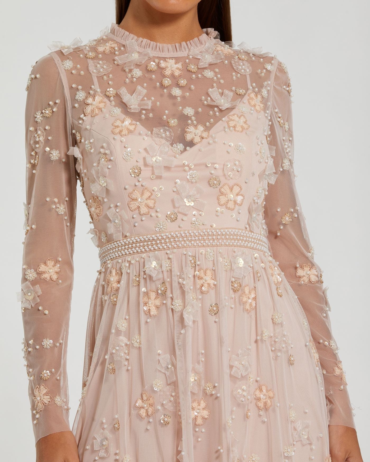 Light Pink Sheer Long Sleeve Embellished Mini Dress Mac Duggal