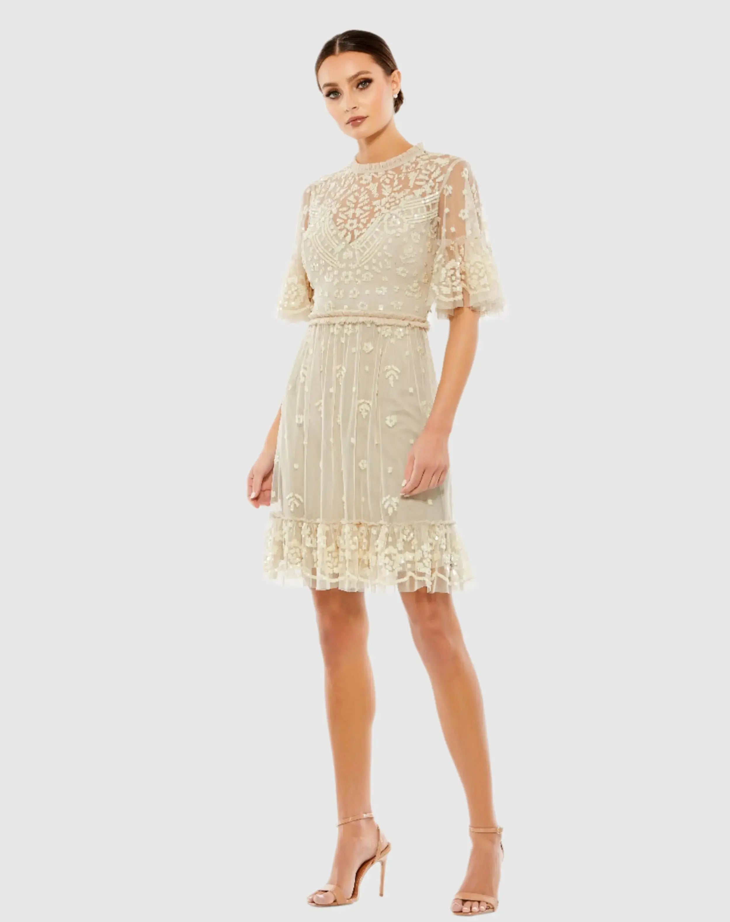 Beige Embellished Illusion High Neck Mini Dress - Mac Duggal