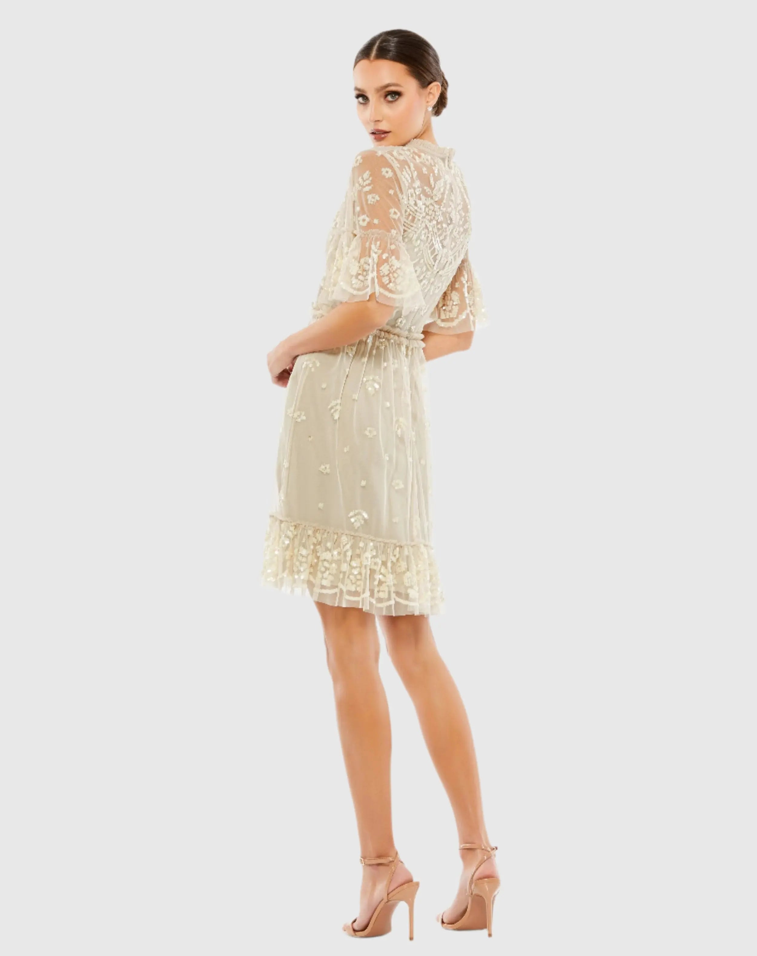 Beige Embellished Illusion High Neck Mini Dress - Mac Duggal