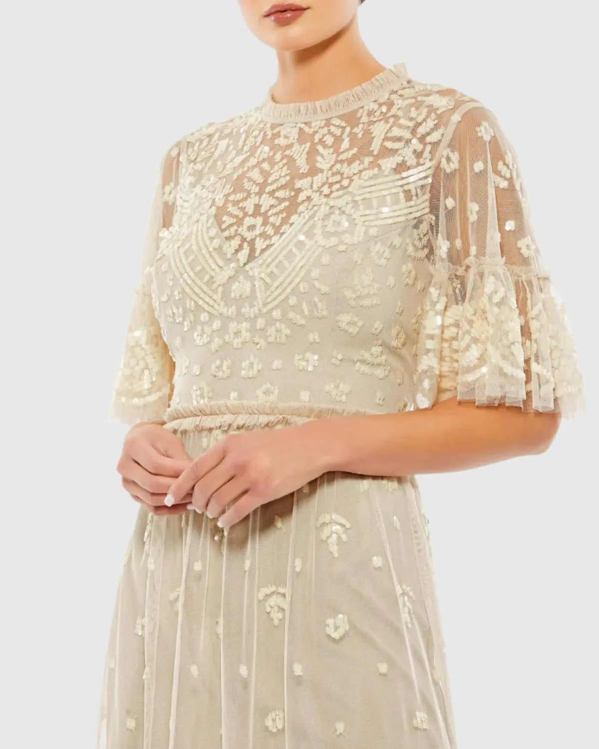 Beige Embellished Illusion High Neck Mini Dress - Mac Duggal