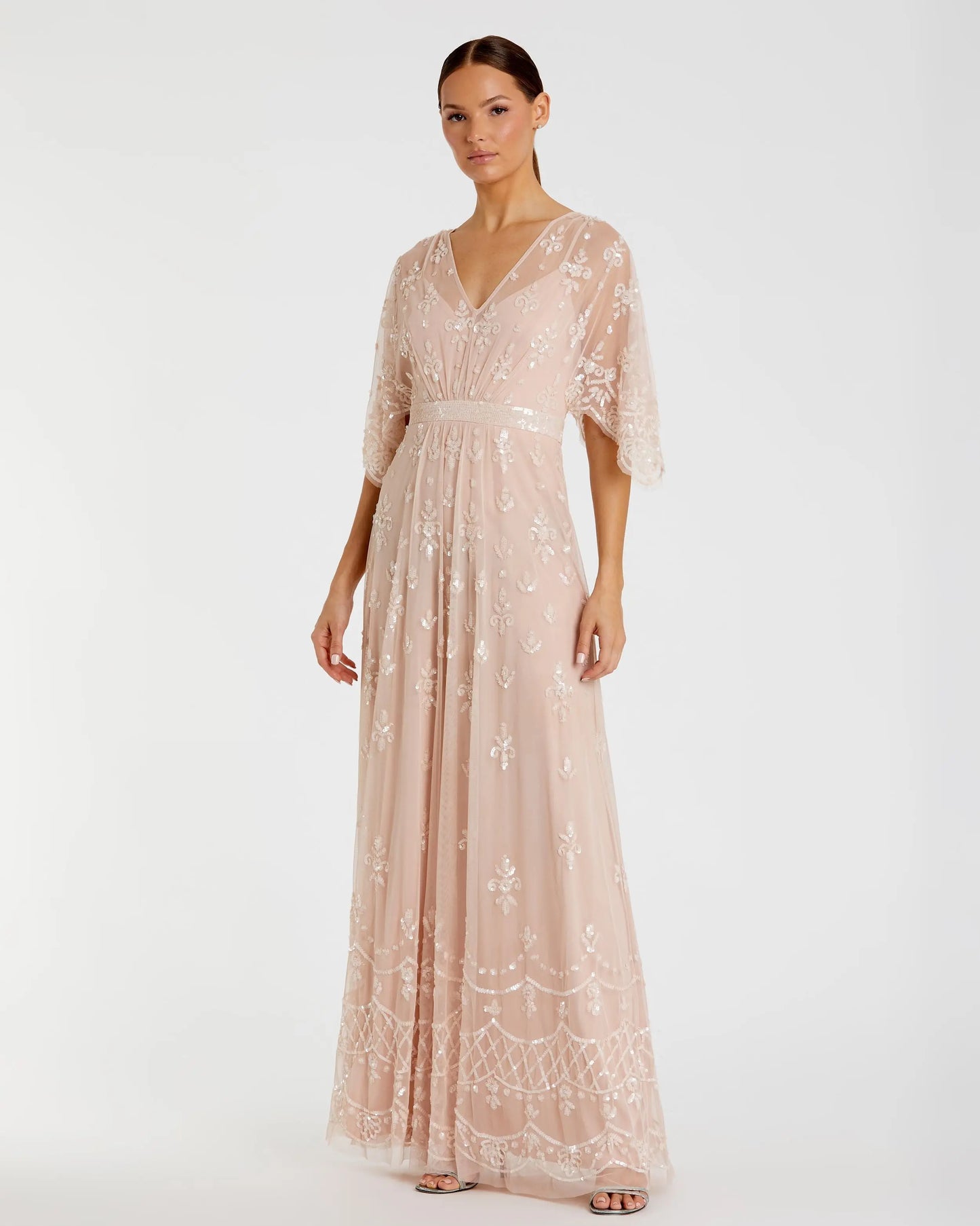 Pink V Neck Flounce Sleeve Embellished Mesh Gown - Mac Duggal Pink V Neck Flounce Sleeve Embellished Mesh Gown - Mac Duggal