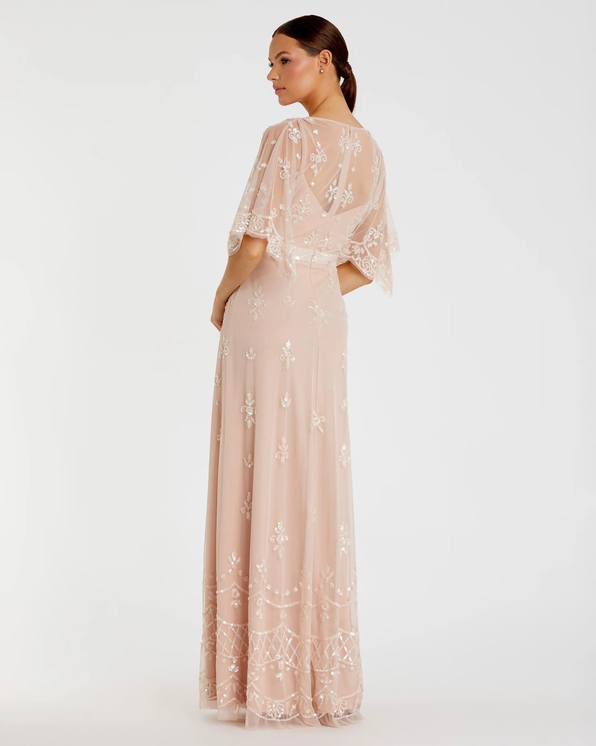 Pink V Neck Flounce Sleeve Embellished Mesh Gown - Mac Duggal Pink V Neck Flounce Sleeve Embellished Mesh Gown - Mac Duggal