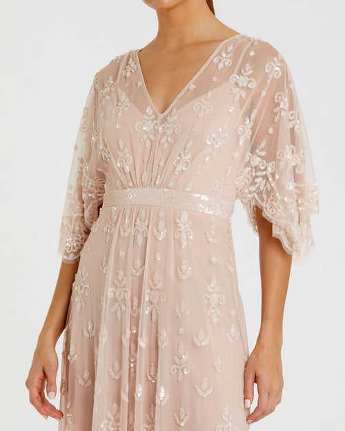 V Neck Flounce Sleeve Embellished Mesh Gown