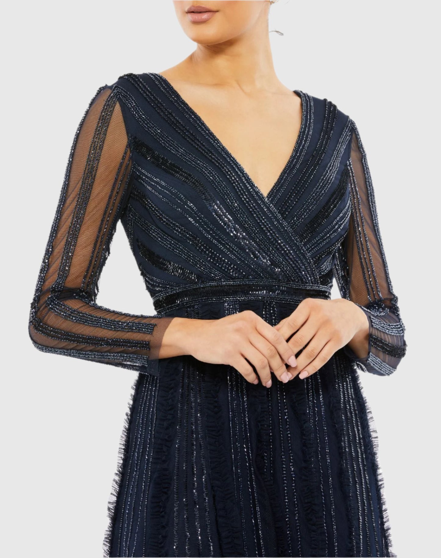 Faux Wrap Illusion Long Sleeve Gown