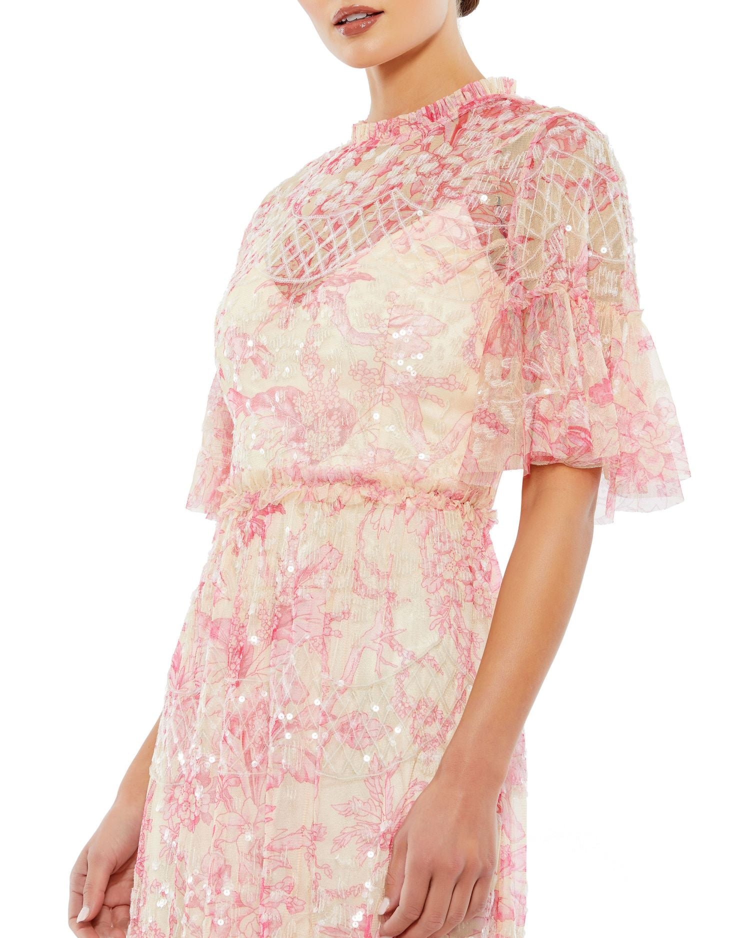 Sequin Embellished Floral Flounce Sleeve Dress