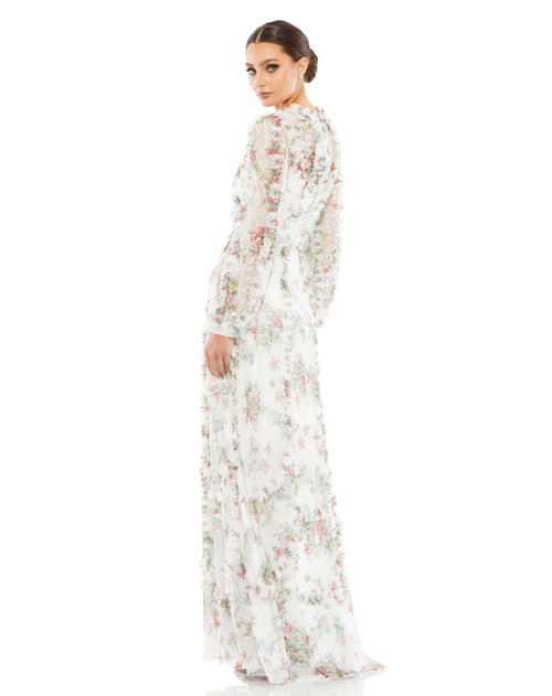 Ruffled Illusion Long Sleeve Flowy Gown | Sample | Sz. 4