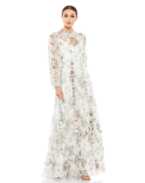 Ruffled Illusion Long Sleeve Flowy Gown | Sample | Sz. 4