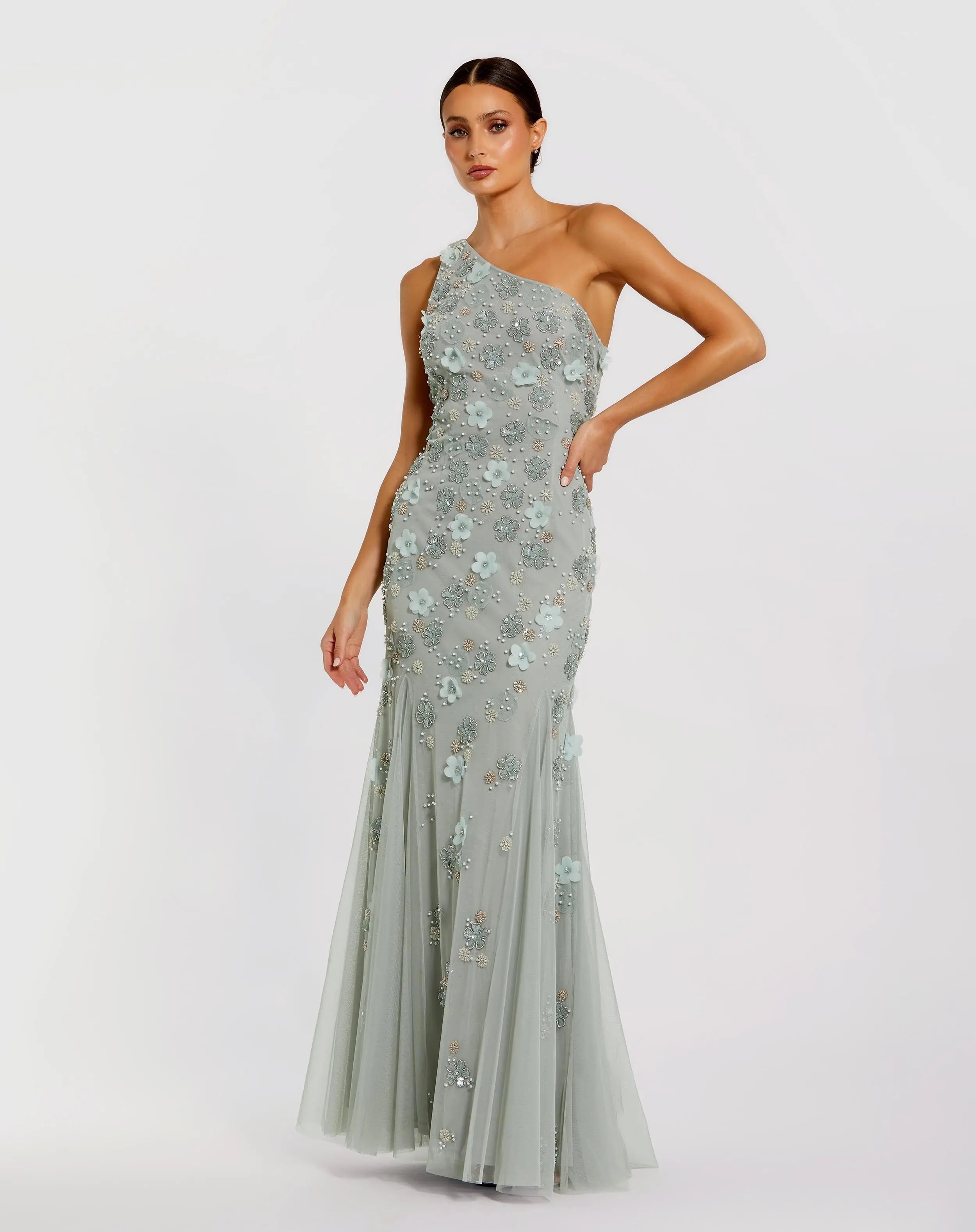 Mac Duggal One-Shoulder Embellished Trapeze Gown - Green Mac Duggal One-Shoulder Embellished Trapeze Gown - Green