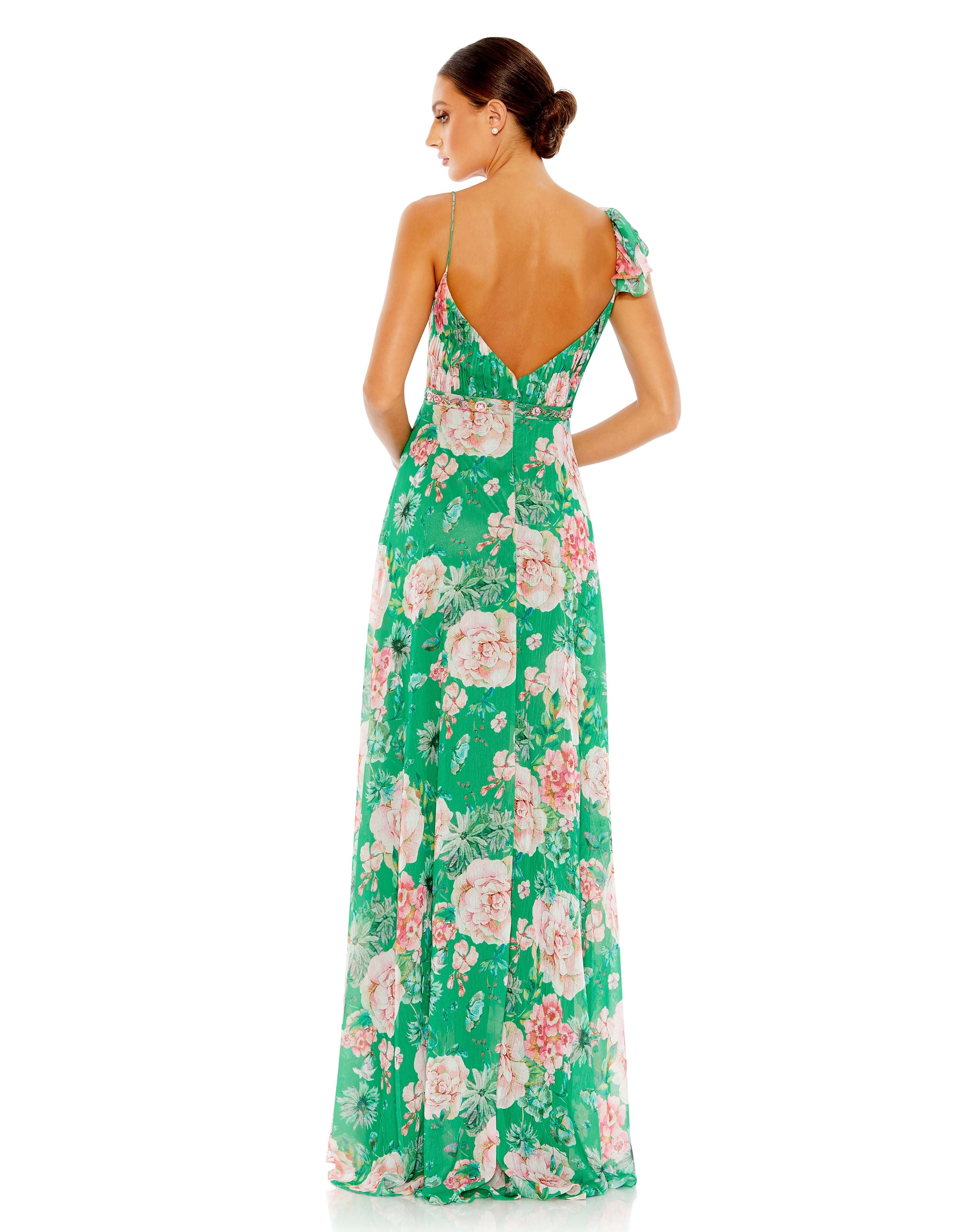 Floral Print Ruffled Wrap Over A Line Gown