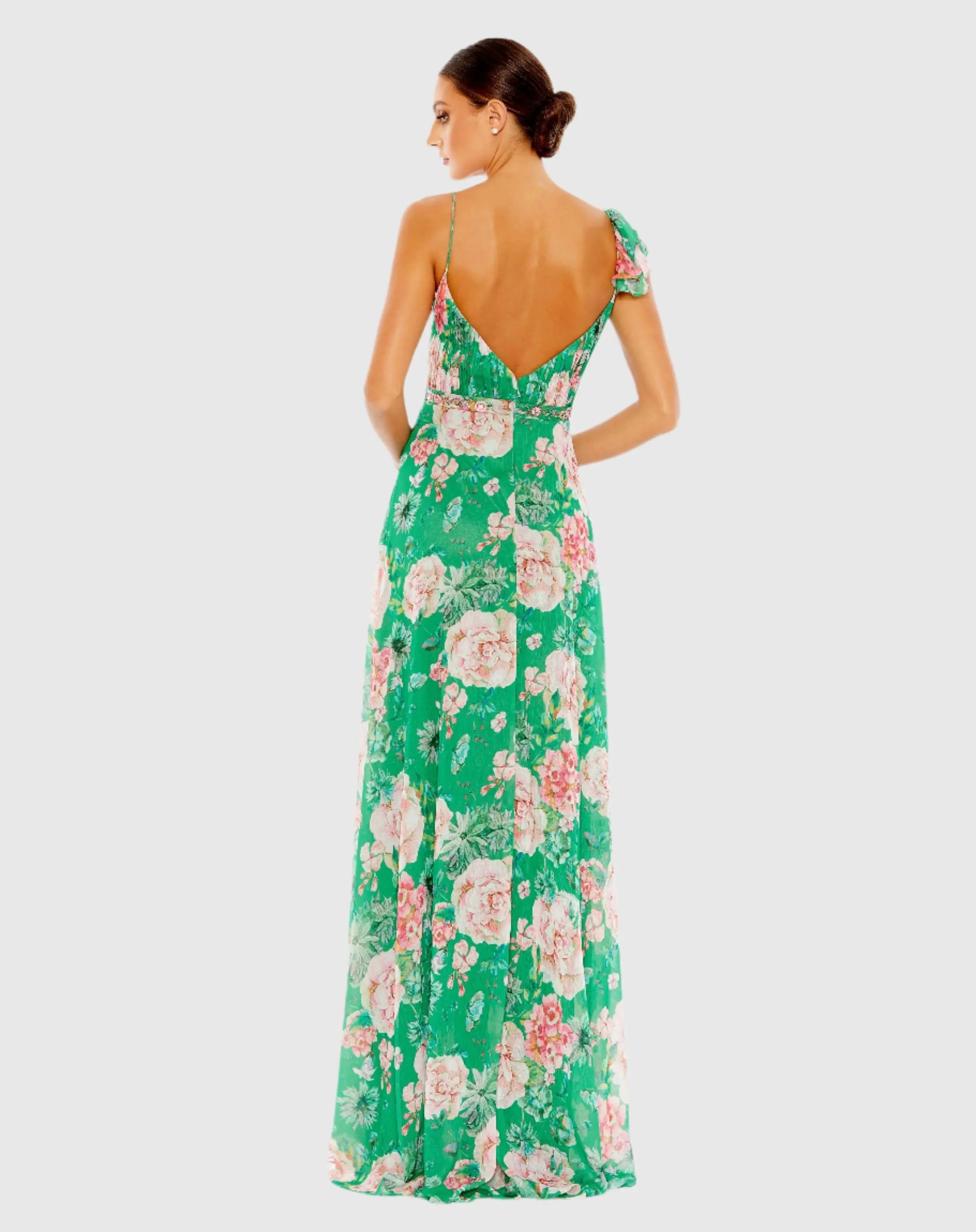 Green Floral Print Ruffled Wrap Over A Line Gown - Ieena for Mac Duggal
