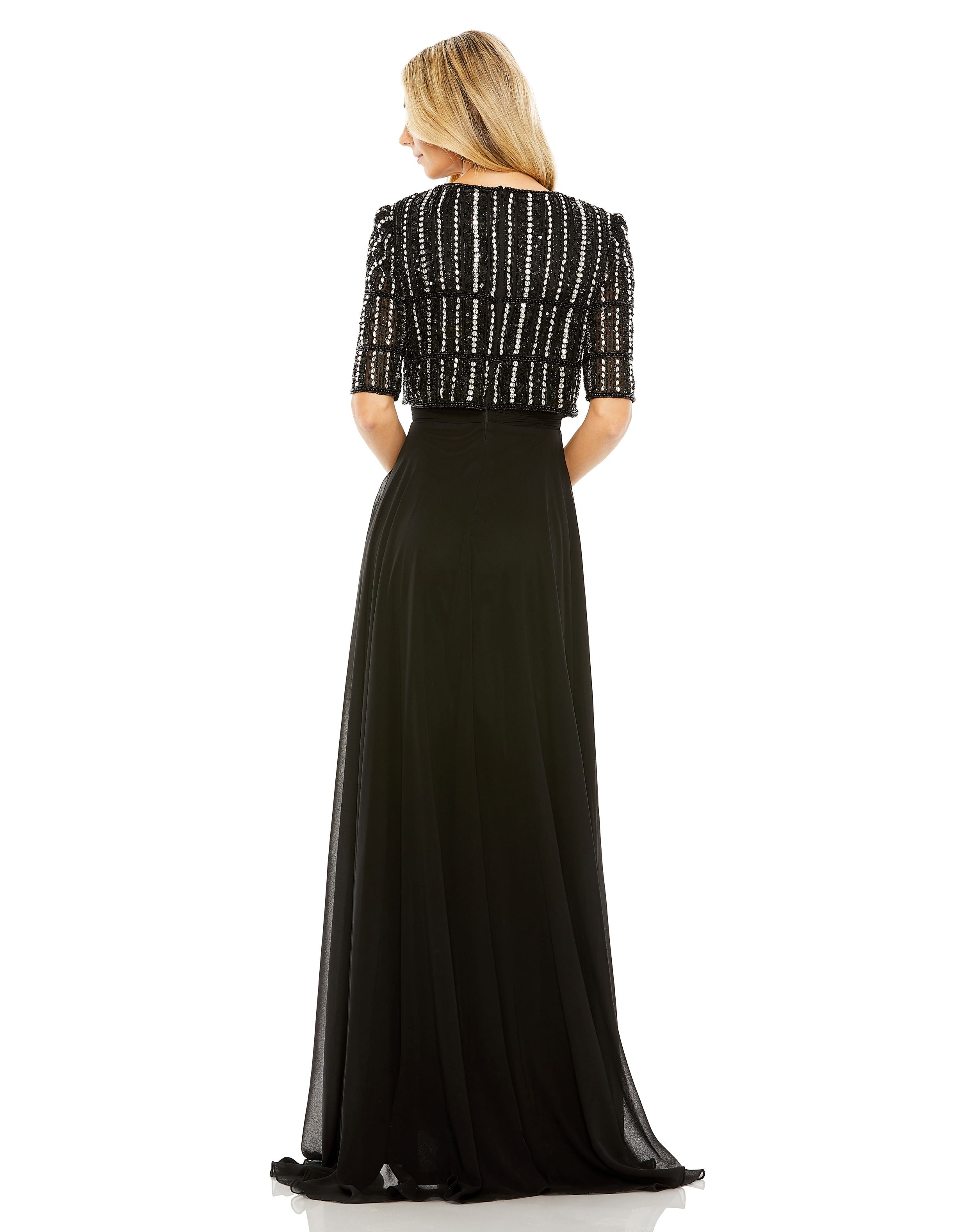Chiffon Gown w/ Fully Beaded 3/4 Sleeve Top