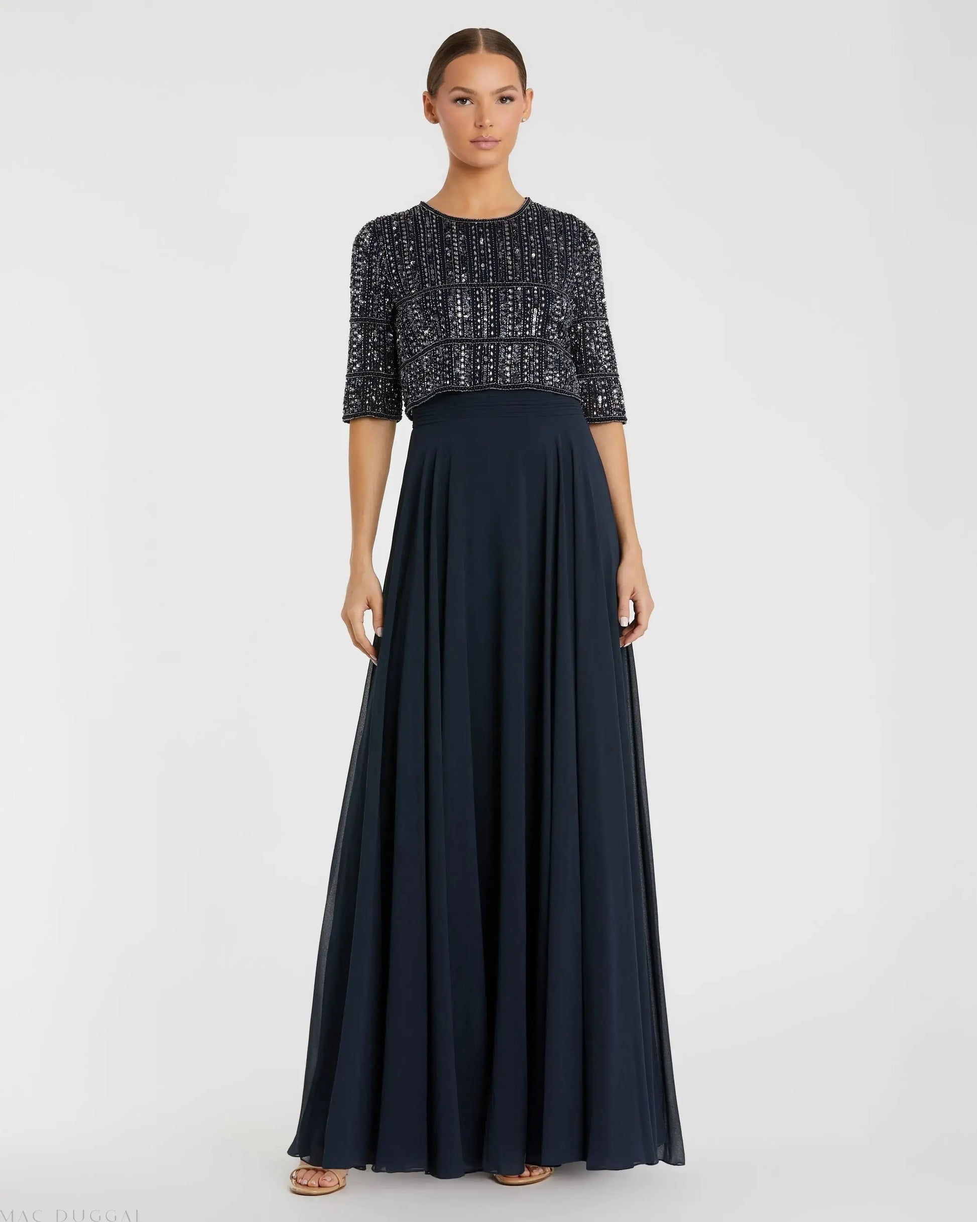 Navy Chiffon Gown w/ Fully Beaded 3/4 Sleeve Top - Mac Duggal