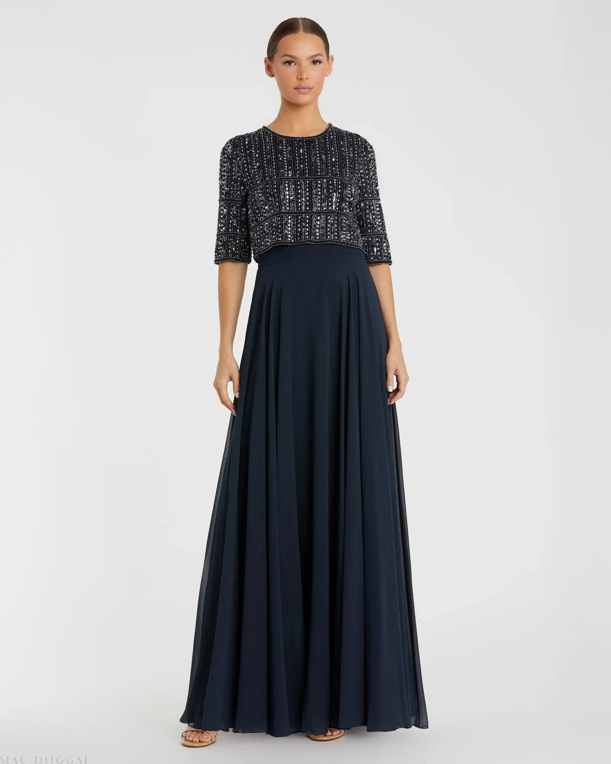 Navy Chiffon Gown w/ Fully Beaded 3/4 Sleeve Top - Mac Duggal