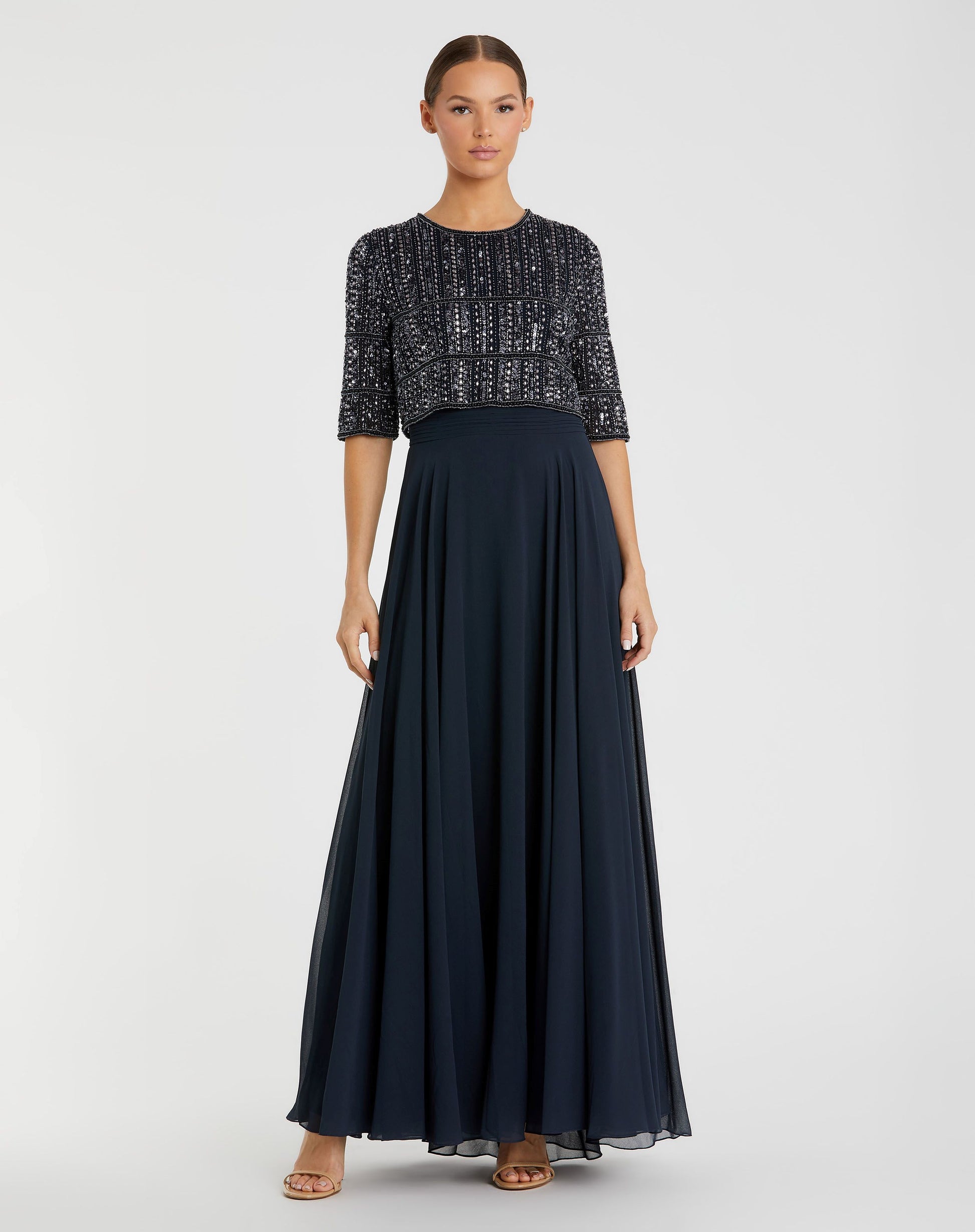 Chiffon Gown w/ Fully Beaded 3/4 Sleeve Top