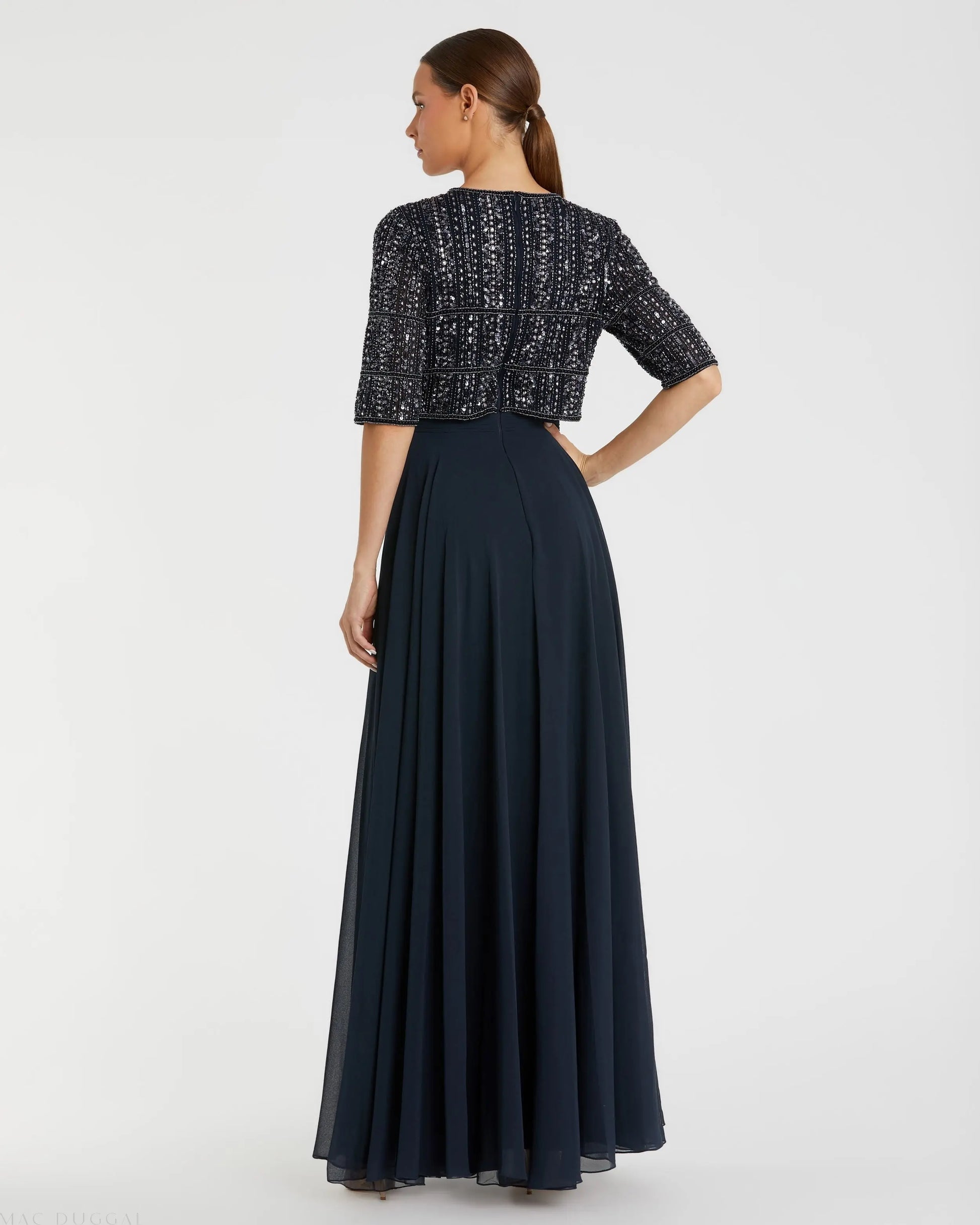 Navy Chiffon Gown w/ Fully Beaded 3/4 Sleeve Top - Mac Duggal Navy Chiffon Gown w/ Fully Beaded 3/4 Sleeve Top - Mac Duggal