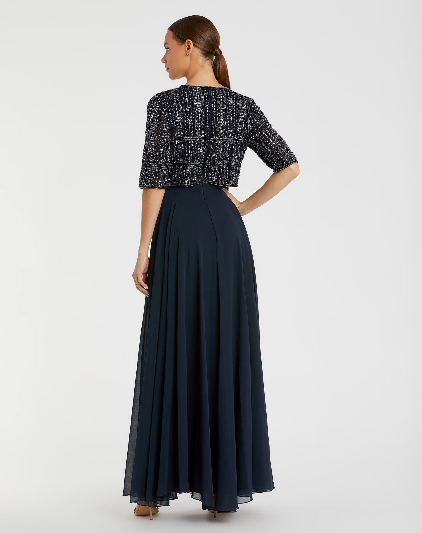 Chiffon Gown w/ Fully Beaded 3/4 Sleeve Top