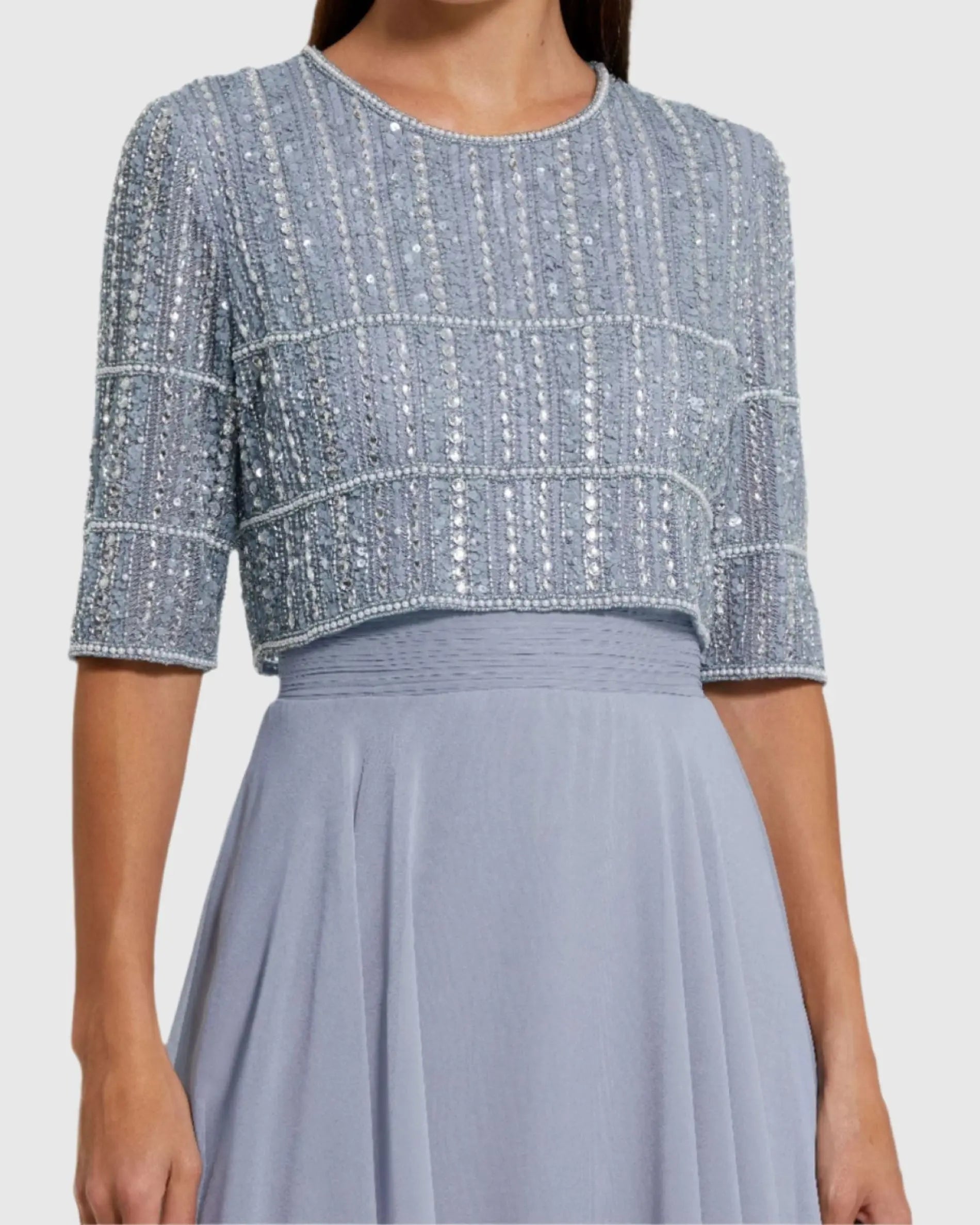 Blue Chiffon Gown w/ Fully Beaded 3/4 Sleeve Top - Mac Duggal