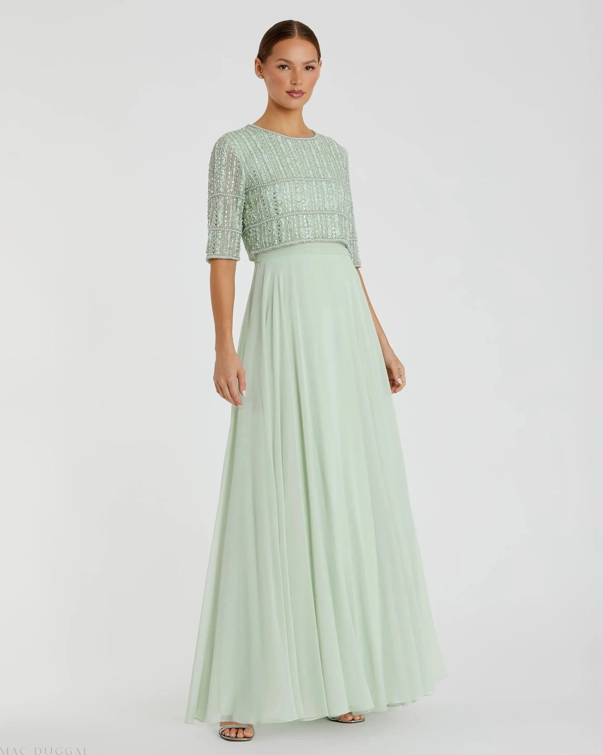 Green Chiffon Gown w/ Fully Beaded 3/4 Sleeve Top - Mac Duggal Green Chiffon Gown w/ Fully Beaded 3/4 Sleeve Top - Mac Duggal