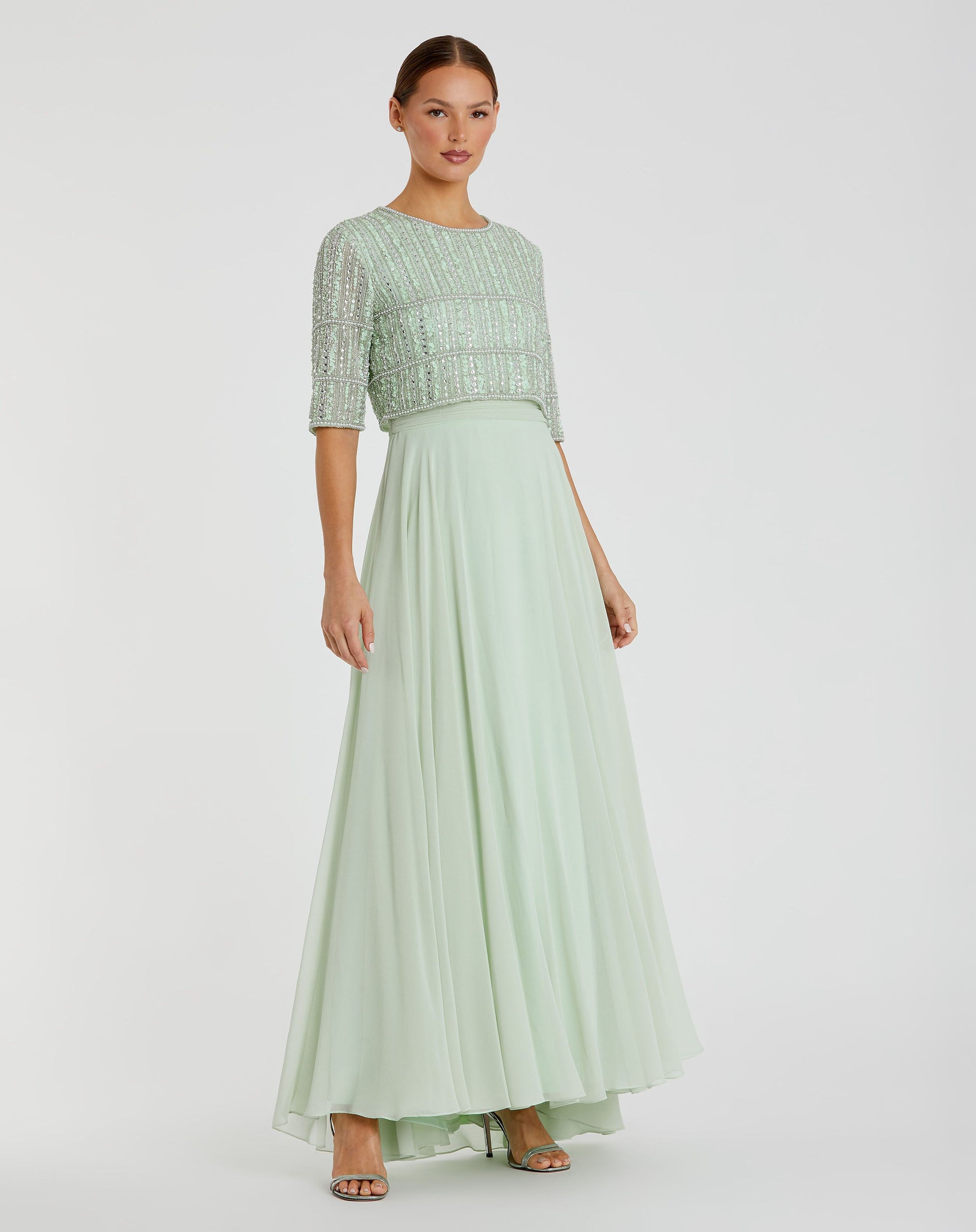 Chiffon Gown w/ Fully Beaded 3/4 Sleeve Top