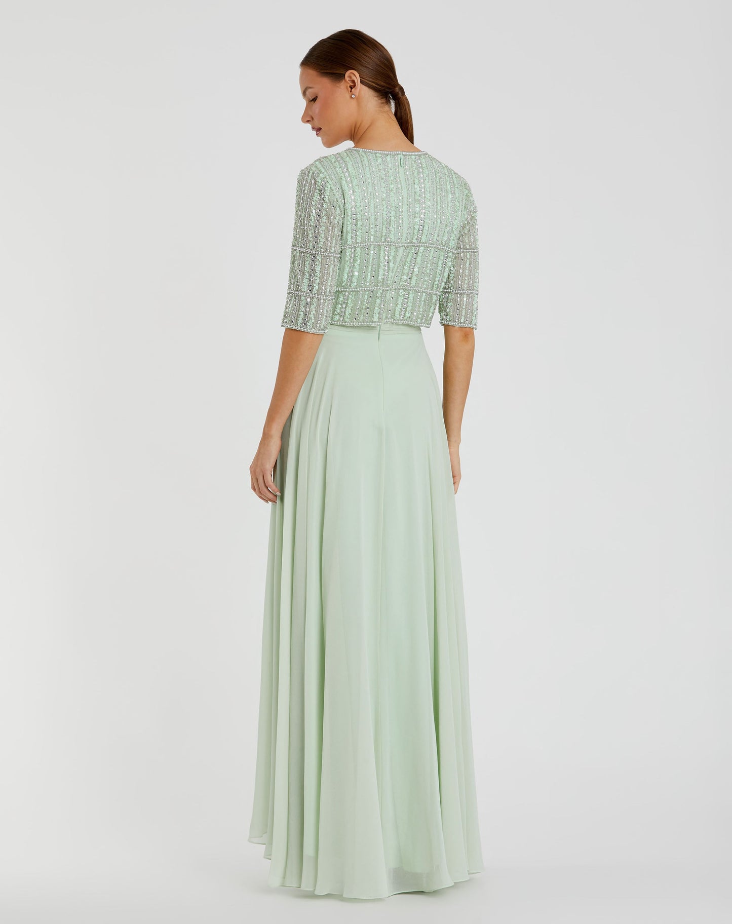 Chiffon Gown w/ Fully Beaded 3/4 Sleeve Top